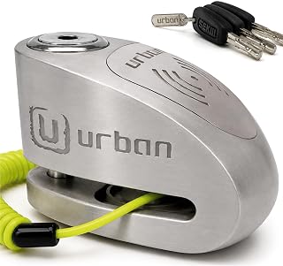 URBAN UR910S Motorrad Bremsscheibenschloss mit Alarm 120 dB + Erinnerungskabel 140cm, Doppelverriegelung 10 mm, SRA Homologiert, Rostfreier Stahl