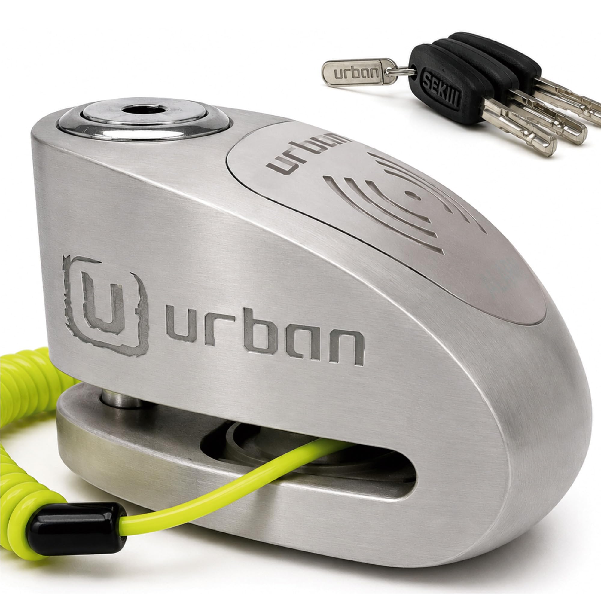 URBAN UR910S Antivol Moto Homologué SRA, Bloque Disque avec Alarme Hi-Tech | 120 dB, X2 ON | Pile CR2, Câble Rappel, Serrure Haute Sécurité, Bloc Double Verrouillage ø10mm, Acier Inoxydable