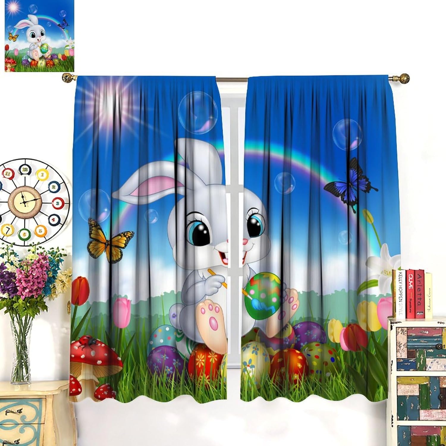 Cartoon Rabbit Curtains, Happy Easter Cute Bunny Colorful Wildflowers Spring Floral Eggs Print Rod Pocket Window Drapes for Kids Children Bedroom Living Room, 42x54 Inch (No Blackout)