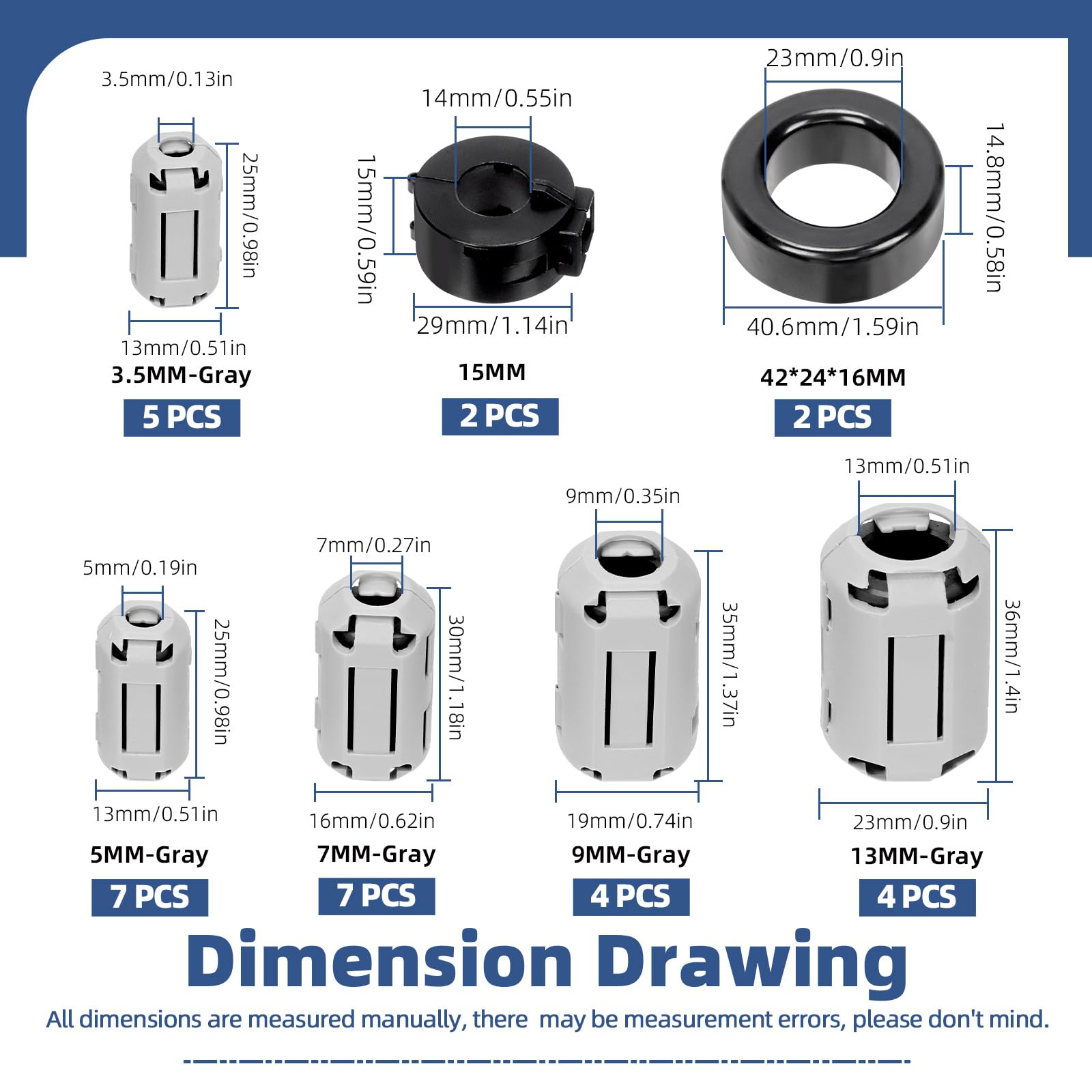 Glarks 32pcs Grigio Clip-on Ferrite Ring Core Set Include 28pcs 3.5/5/7/9/13MM Interno Diametro Clip Cavo RFI EMI Suppressore del rumore Clip Cavo 2pcs Toroid Cores 2pcs 15MM Ferrite Cores