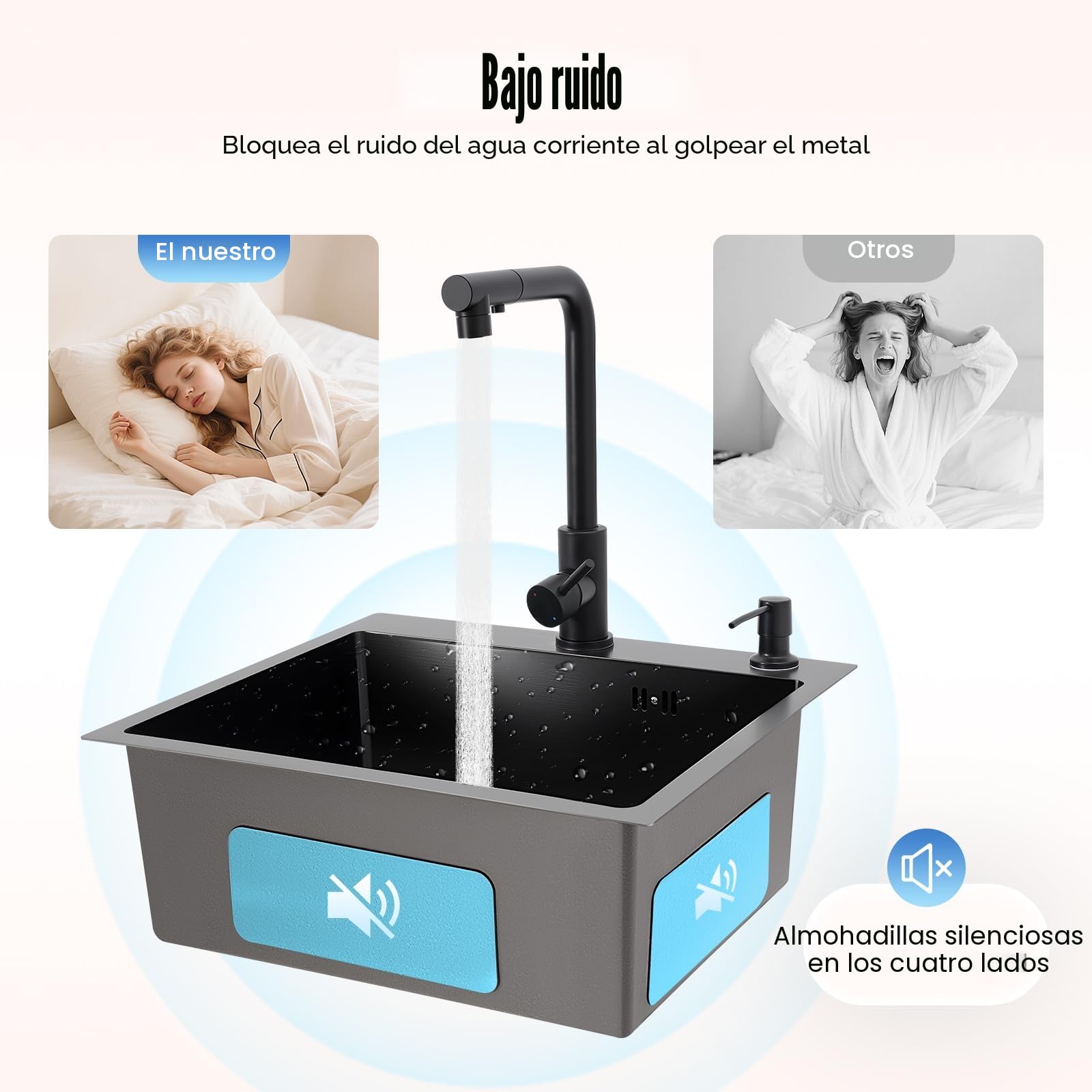 Fregadero de cocina de acero inoxidable de 50 x 45 cm, 1 lavabo, color negro con grifo extensible, con dispensador de jabón, cesta colador, tubo de desagüe