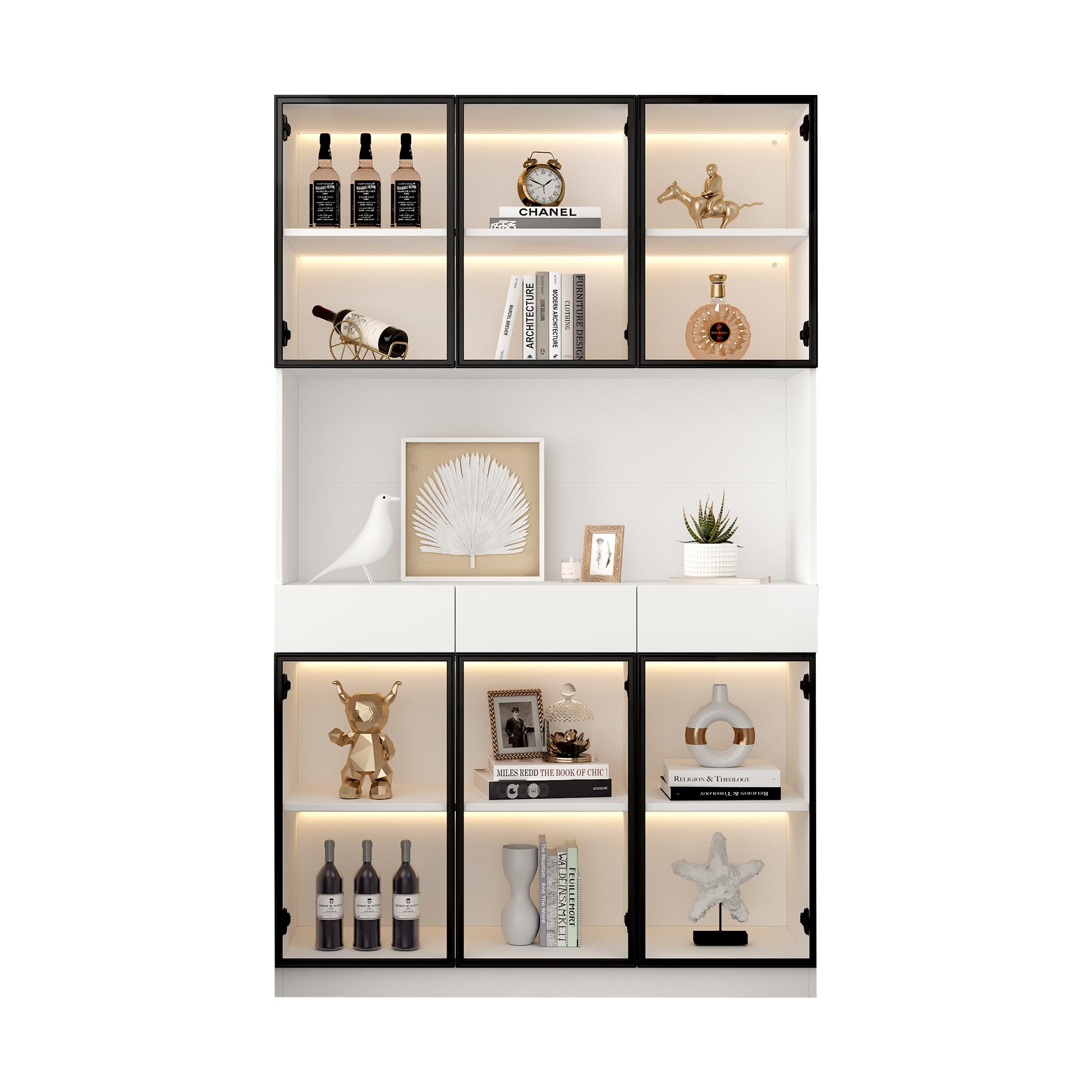 Armario de cristal para puerta, 36 x 120 x 200 cm, blanco – marco de puerta negro, armario de vitrina, estantería de almacenamiento múltiple para colección, dormitorio, salón, oficina