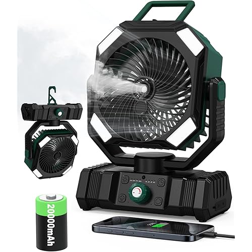 Portable Misting Fan, 20000mAh Battery Operated Fan with 300ml Tank, 45°-90° Oscillation & 270° Rotation, Timer & Lighting, Handheld Camping fan for Indoor, Outdoor, Patios, Tent, Travel, Desk