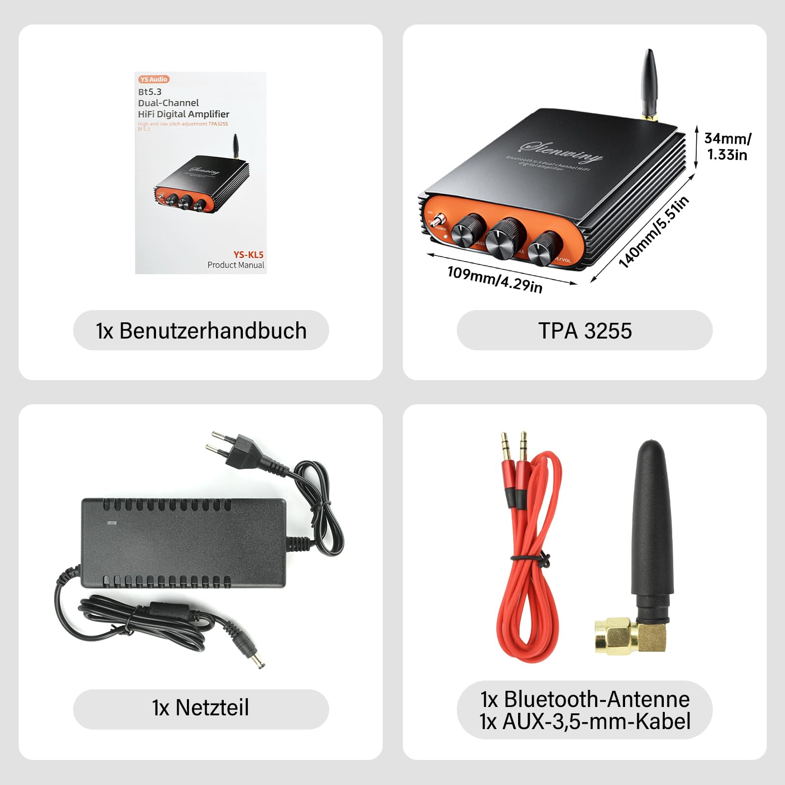5.3 Bluetooth Verstärker HiFi Stereo, 300Wx2 2-Kanal Mini Subwoofer Amplifier mit TPA3255 Amp Chip, Class D Digital Audio Verstärker mit DSP ＆ SUB Out, DC 24-36V, BT/USB/AUX, 20Hz-20KHz