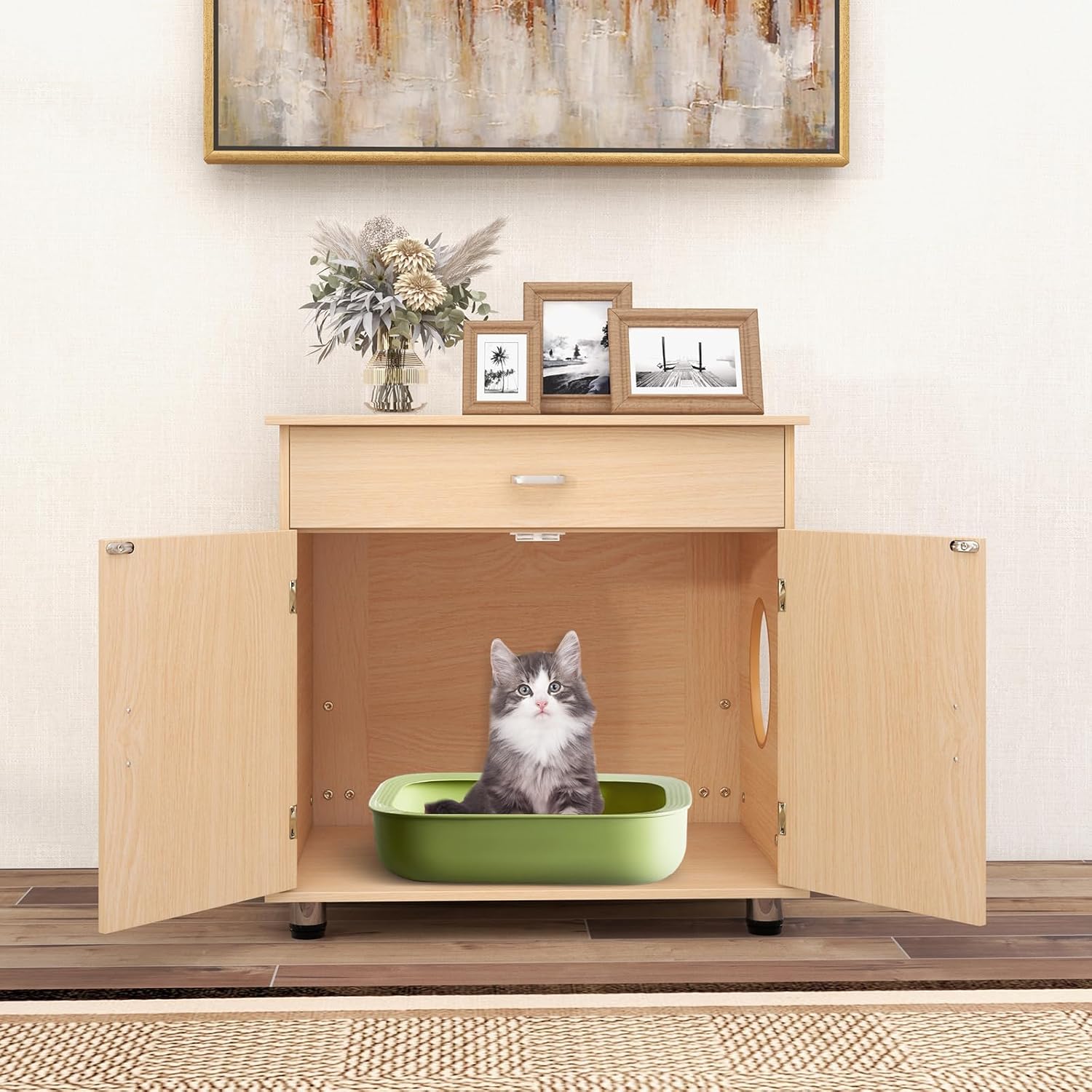 In Cupboard 2-in-1 Cat Hidden Litter Box Enclosure Bench Hall End