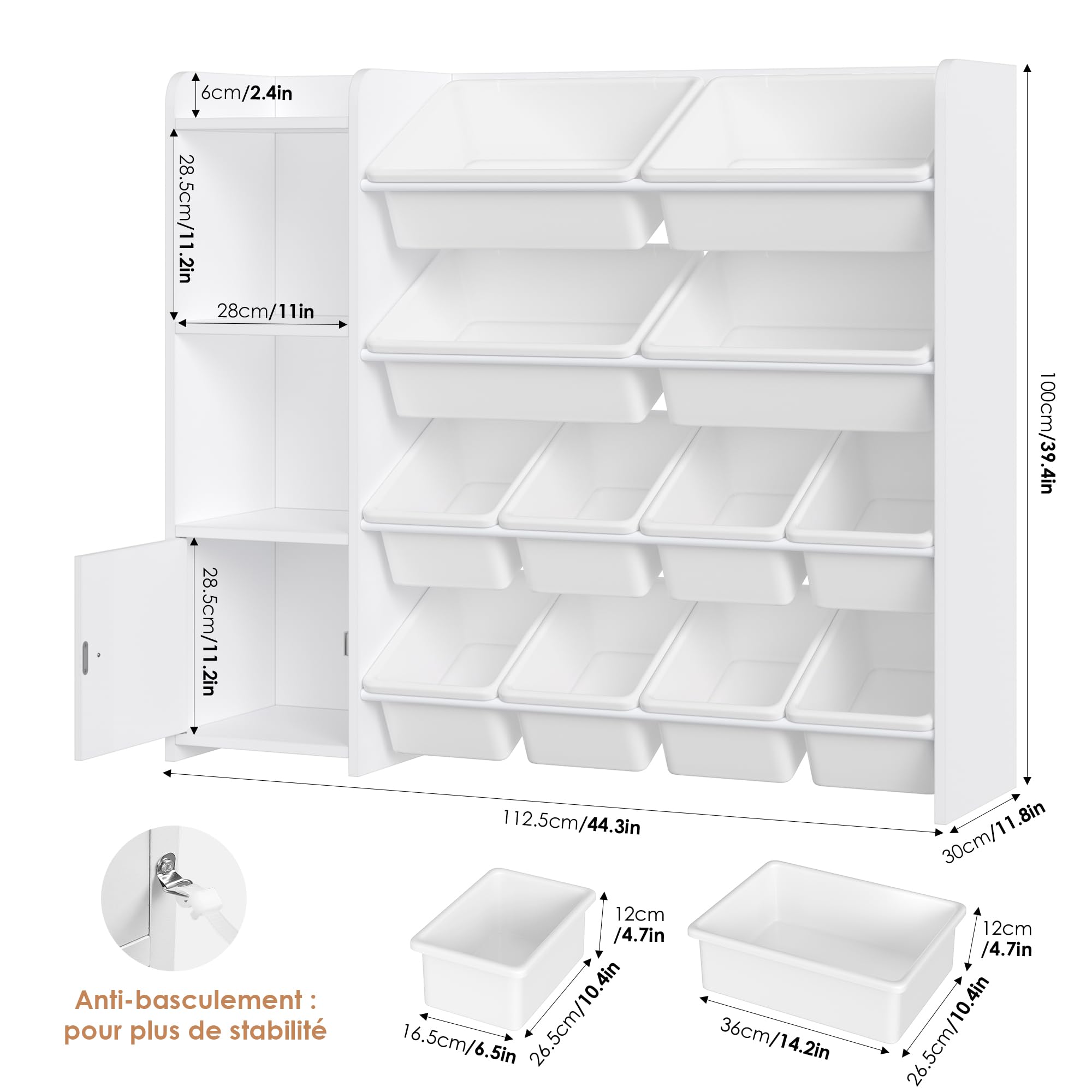 FOREHILL Meuble de Rangement Enfant avec 12 Boîtes Amovibles Bibliothèque Enfant 4 Étagères Meuble Rangement Jouets pour Chambre d’Enfant Salon 112,5x30x100cm Blanc