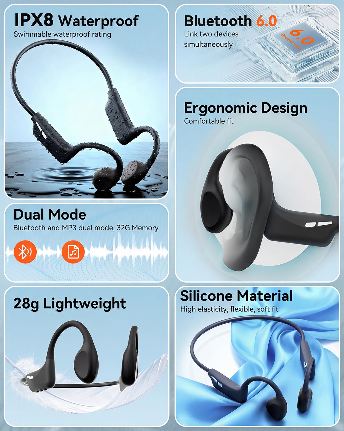 MONODEAL Knochenschall Kopfhörer Schwimmen Bluetooth 6.0 IPX8 Unterwasser MP3-Player mit 8GB Speicher Open-Ear Kopfhörer zum Schwimmen Laufen