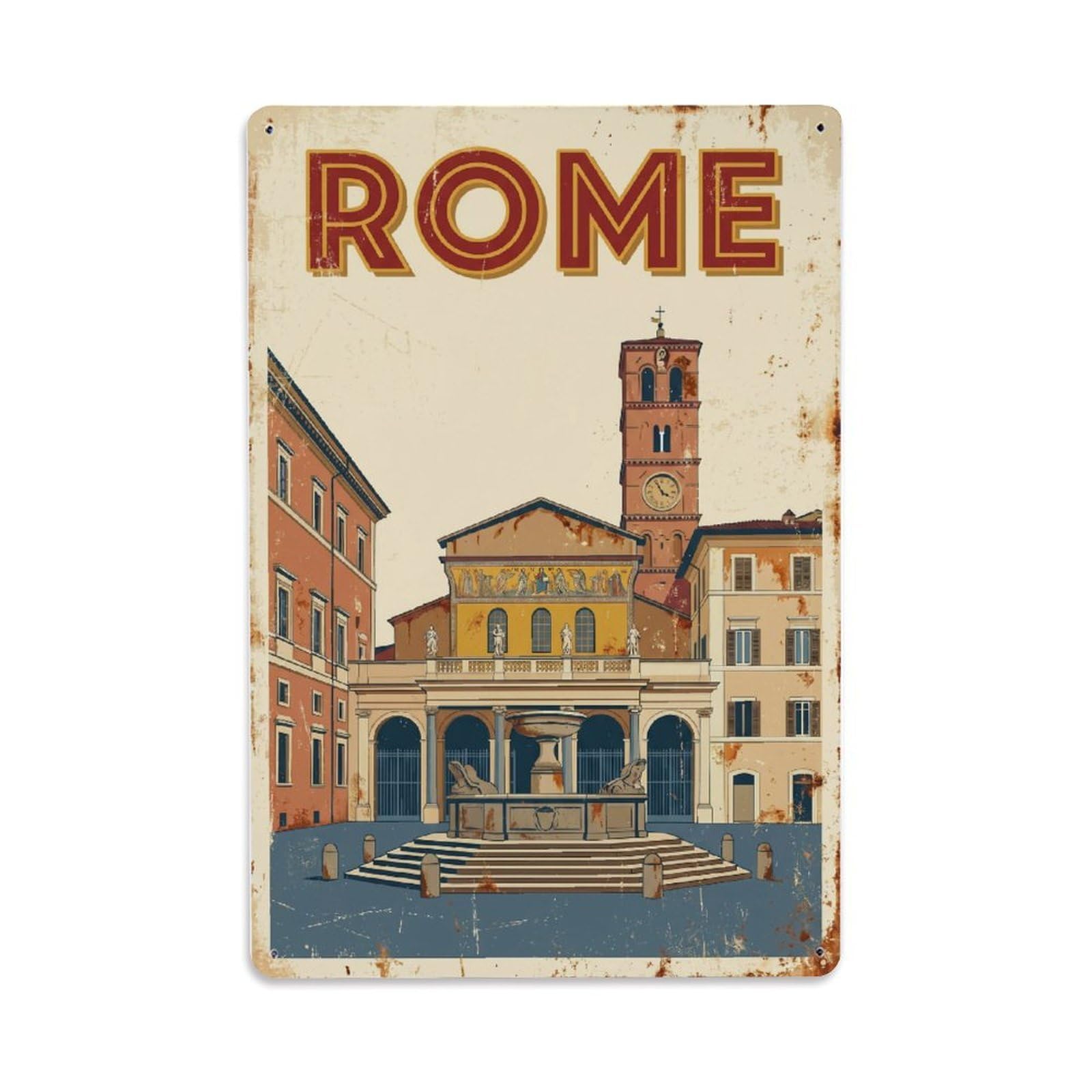 Vintage Travel Rome Piazza Santa Maria in Trastevere Church Square Rusted Italy Metal Tin Sign Plaque Wall Decor for Cafe, Club Bar, Office, Home Garden Metal Poster 8x12Inch