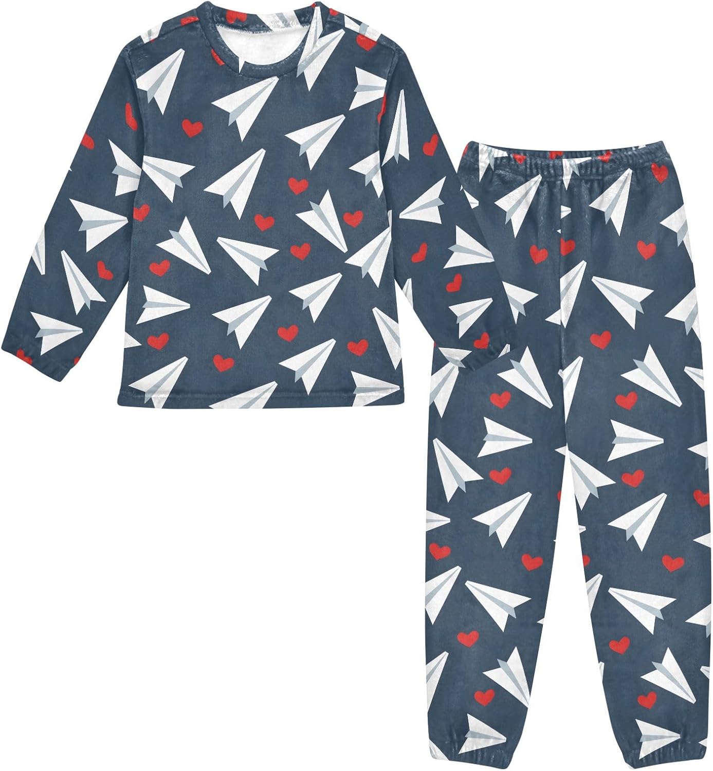 Kids Flannel Sets Paper Airplane and Heart Warm Plush Relaxed Clothing for Boys and Girls