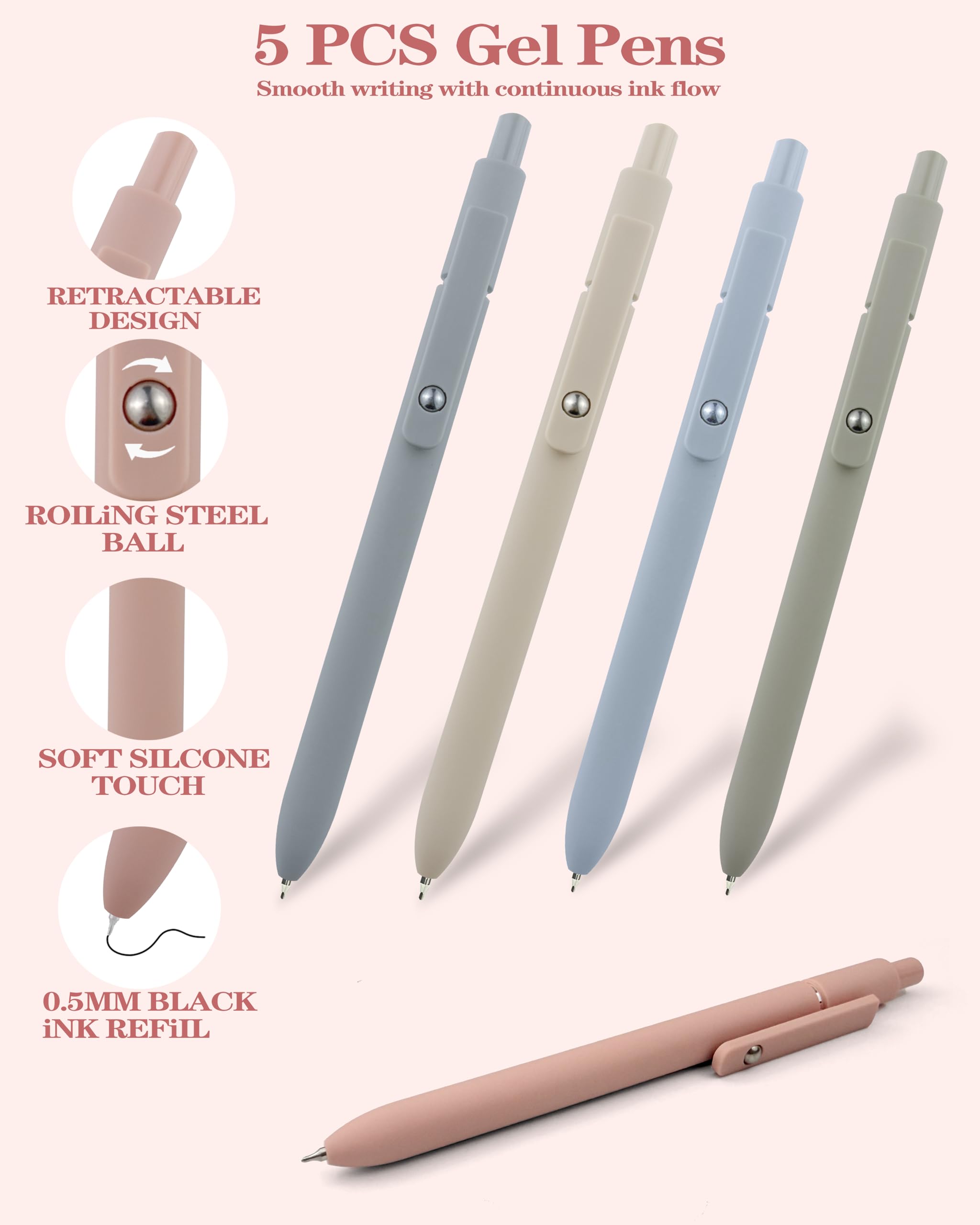53 artículos escolares estéticos con bonito estuche, 12 resaltadores pastel, 5 bolígrafos negros y 6 bolígrafos de gel de tinta de color, bolígrafos, 4 lápices mecánicos de 0.5 a 2.0 mm, para juego de