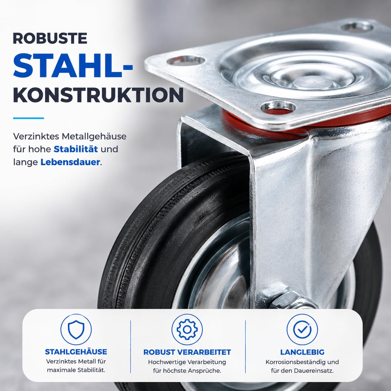 Wheels 4er Transportrollen 400 kg belastbar Lenkrolle mit Bremse - Schwerlastrollen 75 mm - Rollen mit Bremsen - Schwerlast Möbelrollen (4x Lenkrollen ∅7.5 cm)