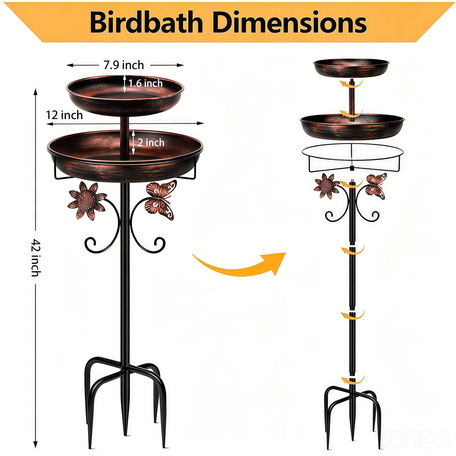 Soporte de metal para comedero de pájaros, doble función, resistente a la intemperie, fácil montaje, base estable, cuenco de metal para pájaros