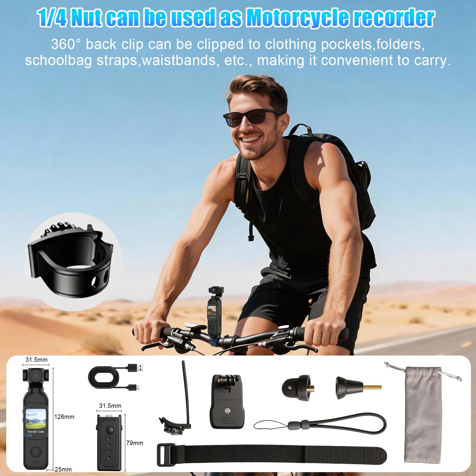 OBEST Mini Action Cam WiFi Action Kamera Handheld mit Touchscreen 1,33" 14 Stunden, 1080P Vlog Bodycam Körperkamera mit 270 + 130° Drehen POV Camera, Motorrad Reiter Sportkamera Schwarz