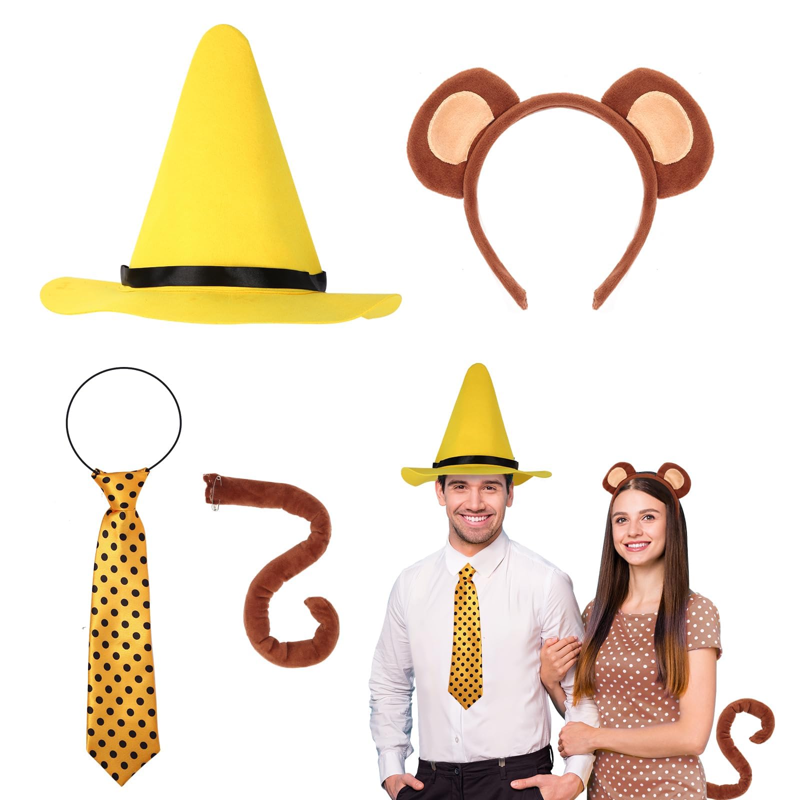 AXBMM4 Pcs Halloween Costume Set Yellow Hat for Adult Monkey Ears Headband and Tail Polka Dot Tie Costume Accessory