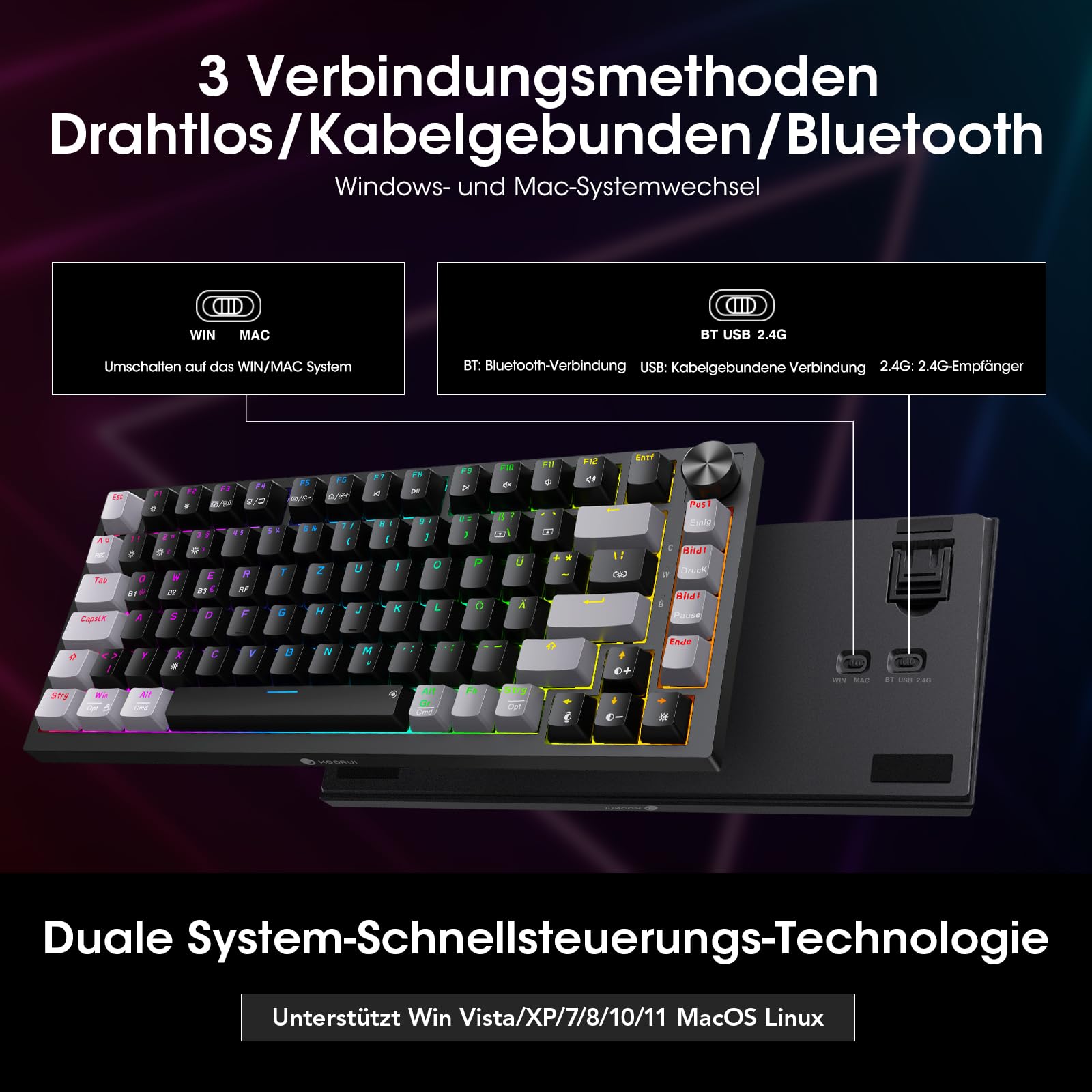 KOORUI Mechanische Gaming Tastatur, Kabellos/Kabelgebunden/Bluetooth, 26 RGB, Wiederaufladbar 4000mAh, 82 Tasten Deutsches Layout QWERTZ, Roter Schalter