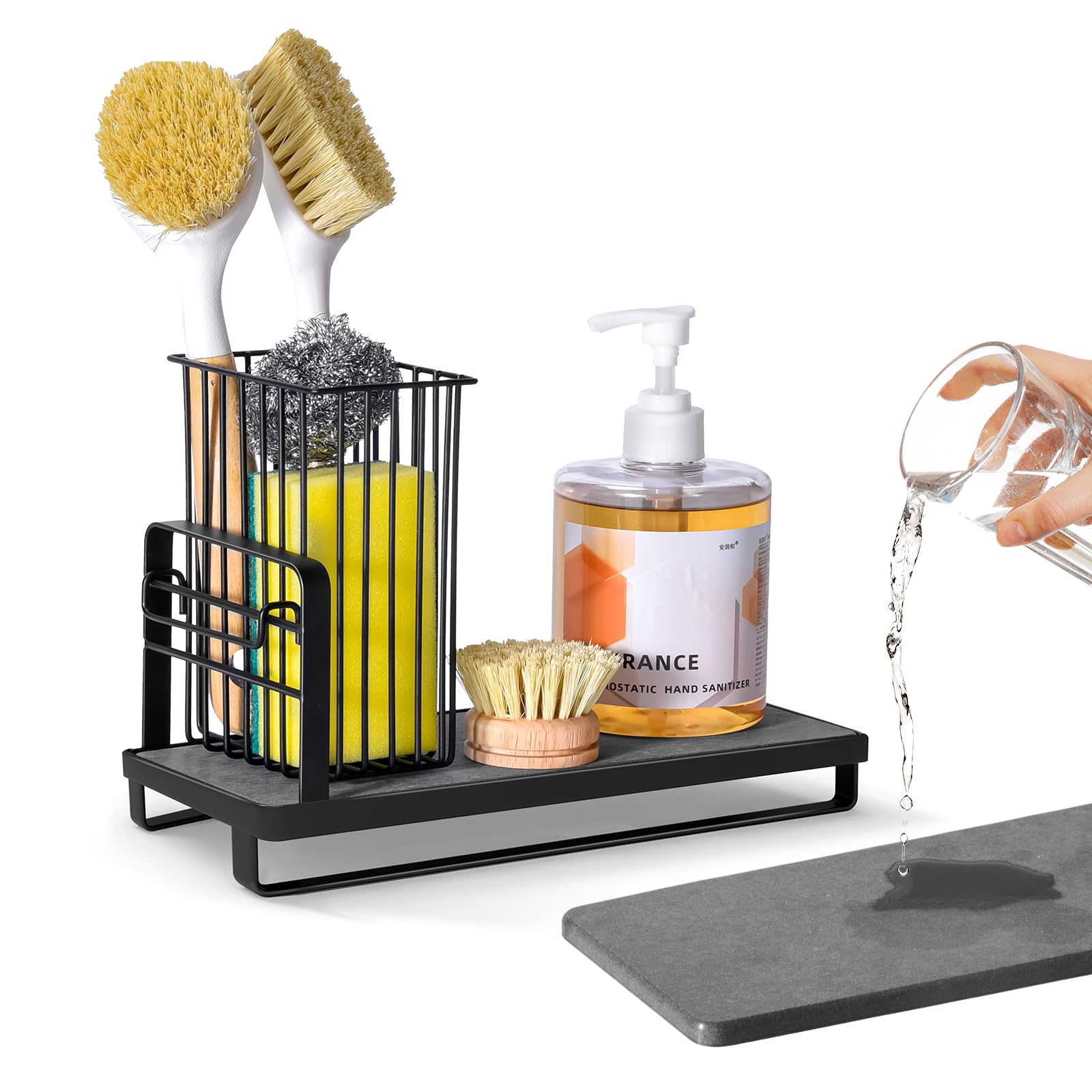 KONE Kitchen Sink Caddy Sponge Holder for Kitchen Sink Counter with Instant Drying Stone and High Brush Holder