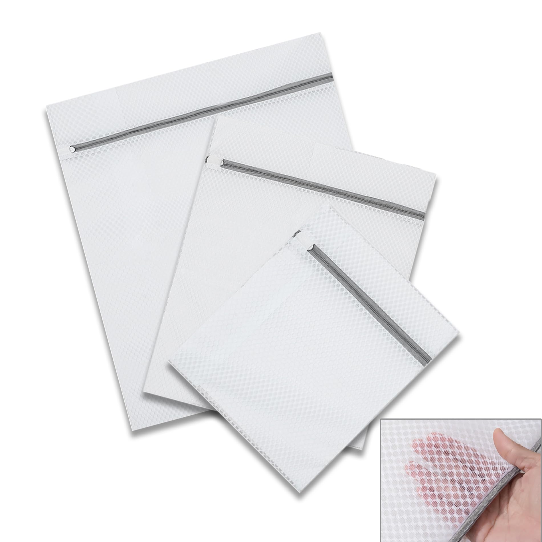 Dgslwh White 3 Pcs Honeycomb Mesh Laundry Bags, Reusable Wash Bags, Laundry Protection, Environmentally Friendly Polyester Material With Zipper, For Delicate Clothes, Sweaters, Socks, Underwear(S-M-L, )