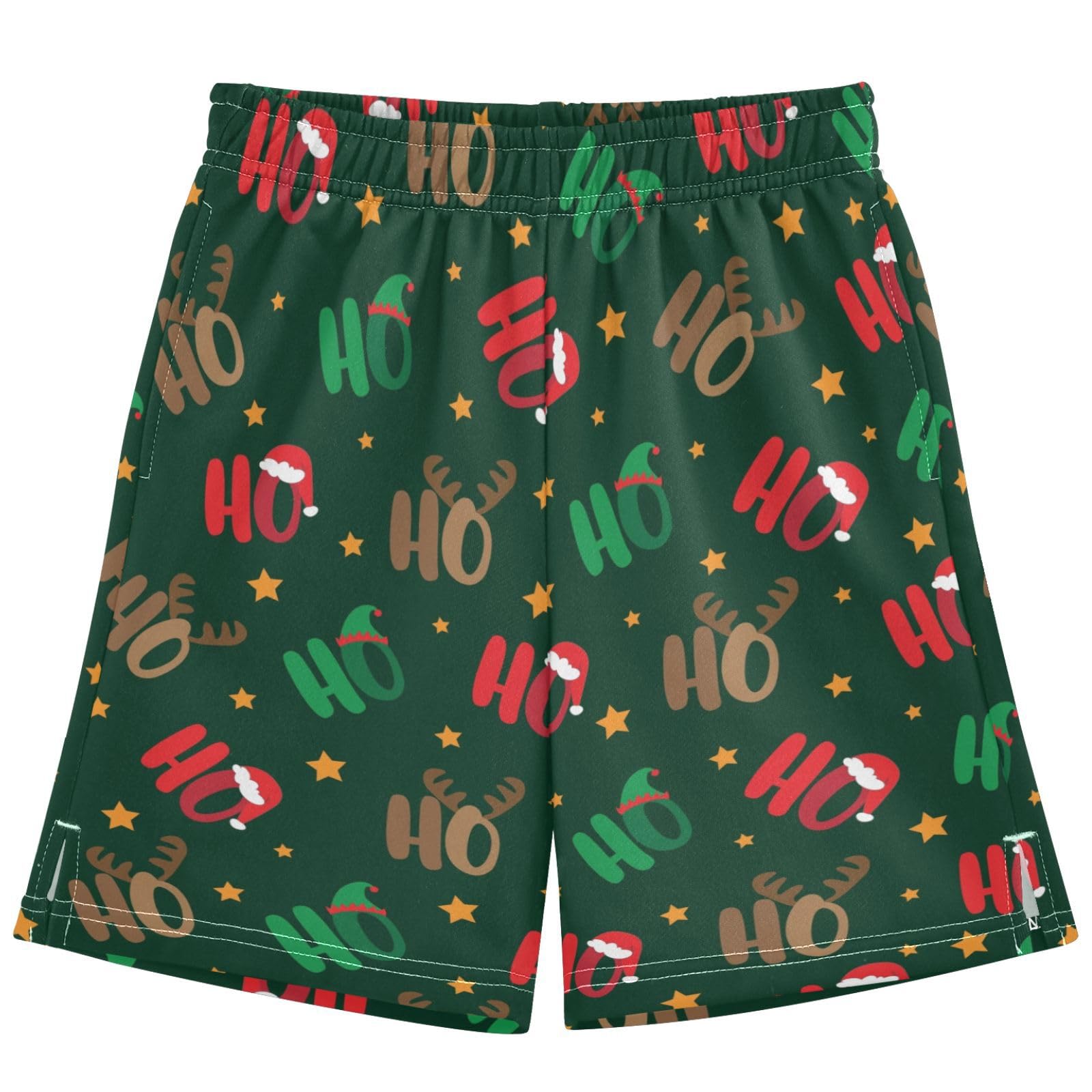 Dallonan Boys Casual Shorts Elastic Waist Gym Shorts, Kids Athletic Basketball Shorts with Pockets Ho Ho Ho Santa's Hat Deer Antler Workout Sports Active Short 13-14Y Multi