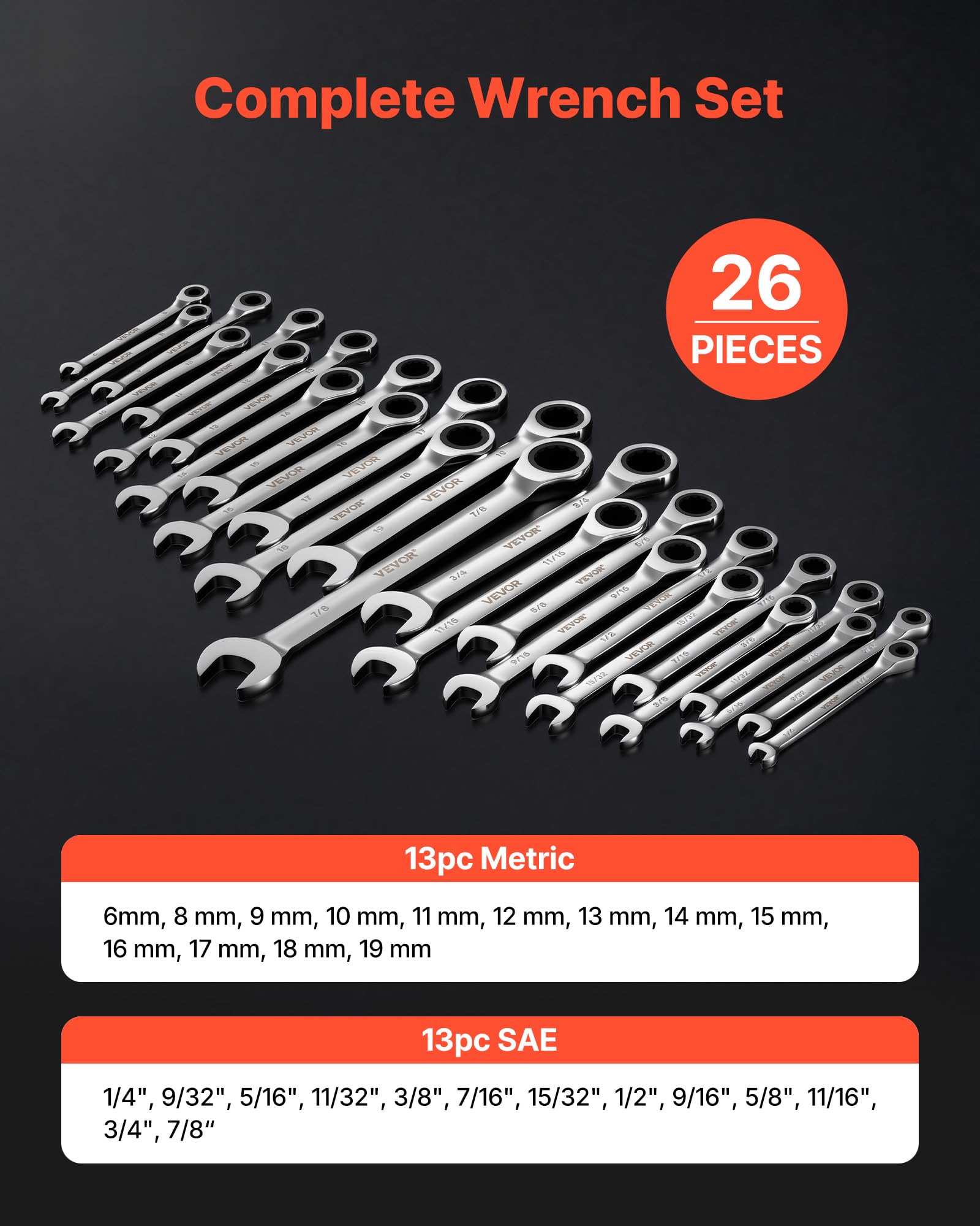 VEVOR Juego de Llaves de Trinquete 26 Unidades, Llaves Combinadas con Carraca, Métrica de 6-19 mm y SAE de 1/4 ''-7/8 '', con Organizador, para Bricolaje Hogar Reparaciones de Automóvil, Plateado