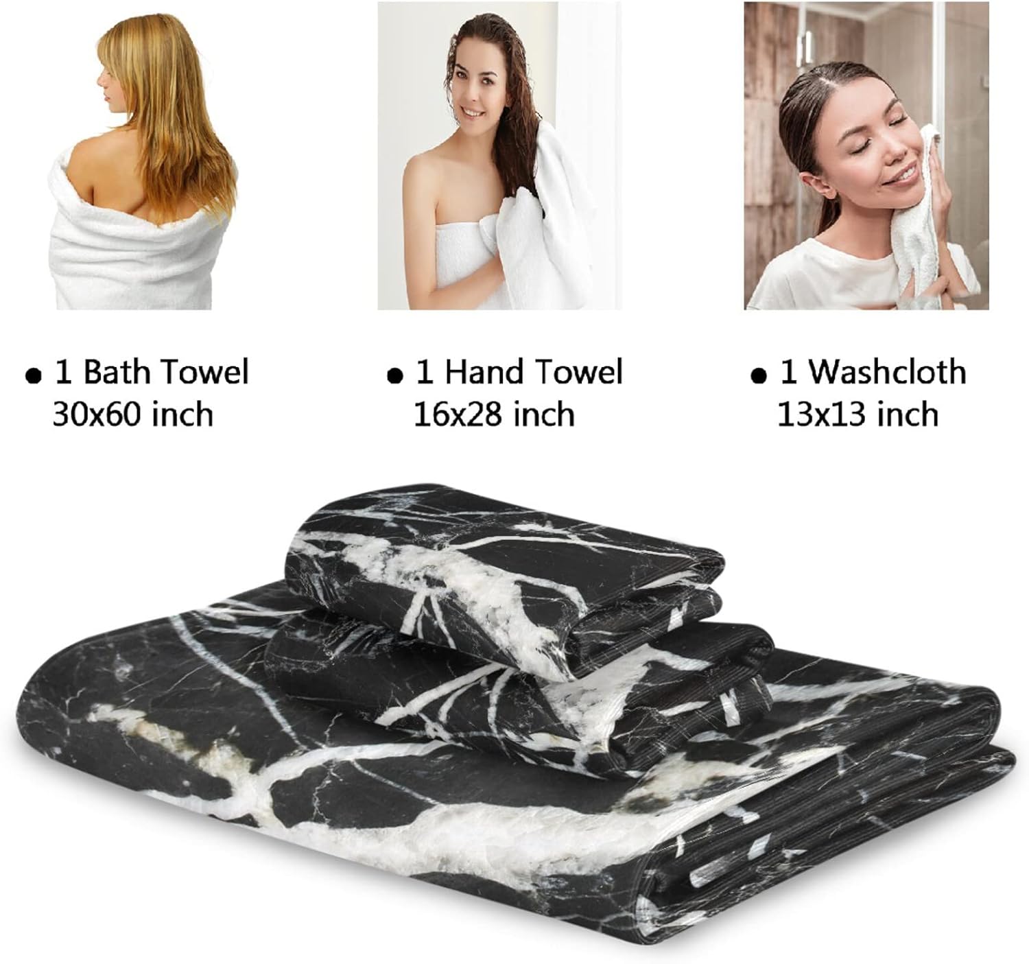 Naanle Black and White Marble Towel 3 Piece Set Bath Towels Set for Bathroom Highly Absorbent Cotton, 1 Large Bath Towel+ 1 Hand Towel+ 1 Washcloth, Pack of 3 Softness Towels for Decoration