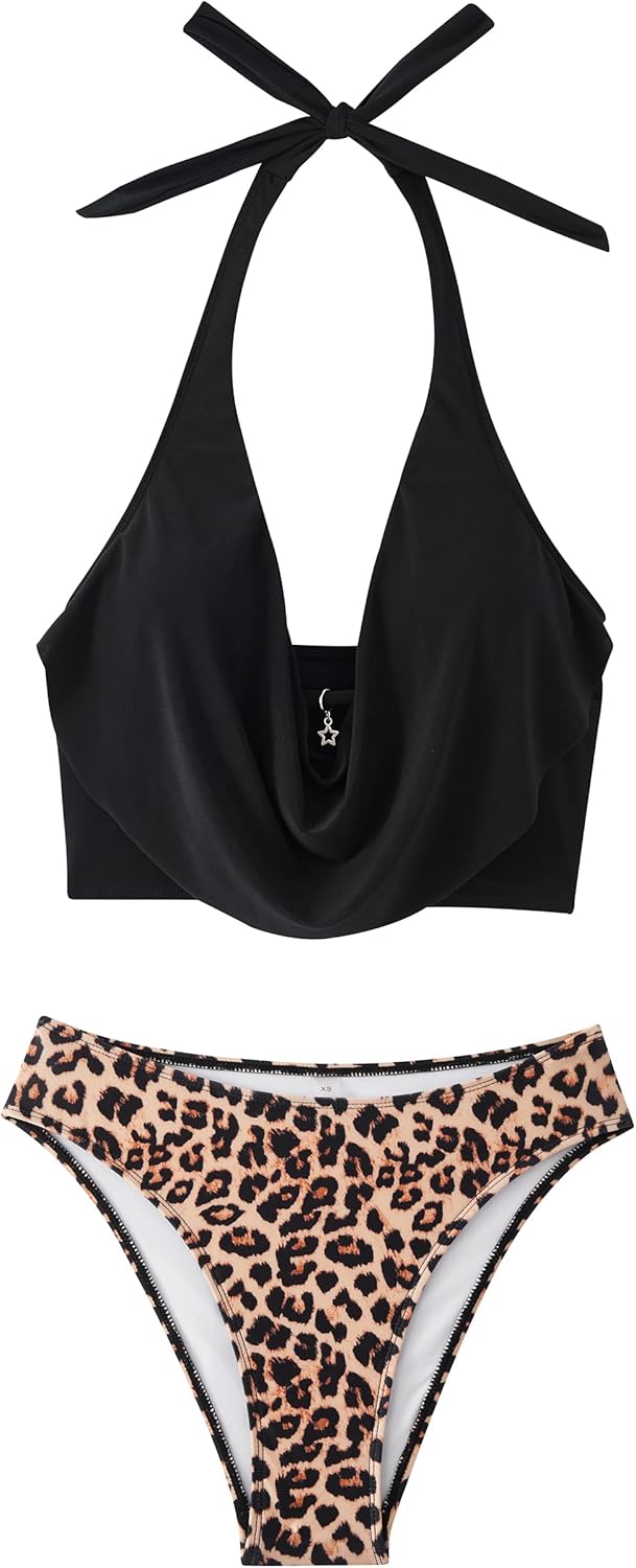 SUUKSESS Women Sexy Two Piece Bikini Set Halter Cowl Neck Bathing Suit