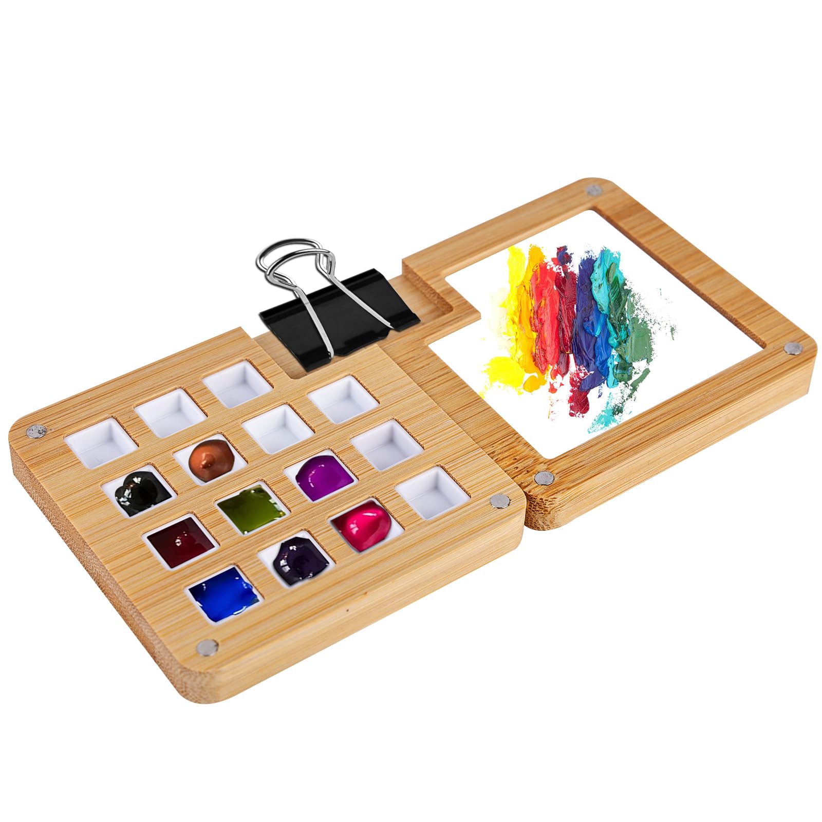 HOMURY Paleta de bocetos de madera: mini viaje 15 cuadrículas, caja de acuarela vacía, tapa plegable y paleta de mezcla, para pintura de acuarela, pintura acrílica