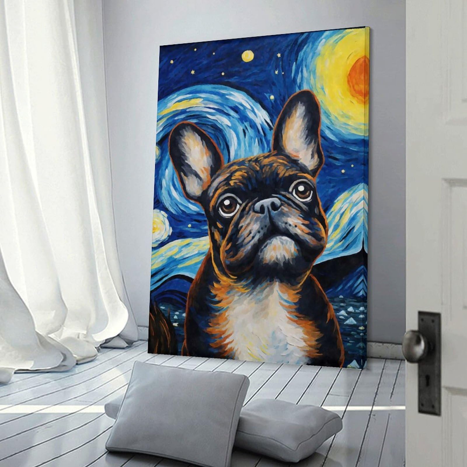 Junmoney French Bulldog Night Hanging Wall Art 20x30inch(50x75cm), for Restful Interiors, Bedrooms Or Small Rooms, Home Artwork with A Soft Interior Feel