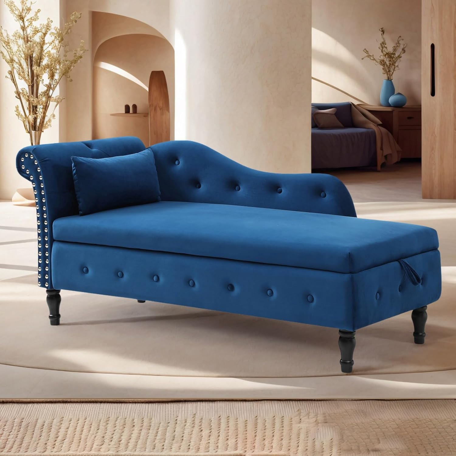 Anwick 60" Blue Velvet Chaise Lounge with Storage & Pillow, 2-in-1 Tufted Sleeper Sofa Bed, Rolled Arms Nailhead Trim for Bedroom Living Room