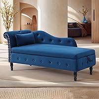 Anwick 60" Blue Velvet Chaise Lounge with Storage & Pillow, 2-in-1 Tufted Sleeper Sofa Bed, Rolled Arms Nailhead Trim for Bedroom Living Room
