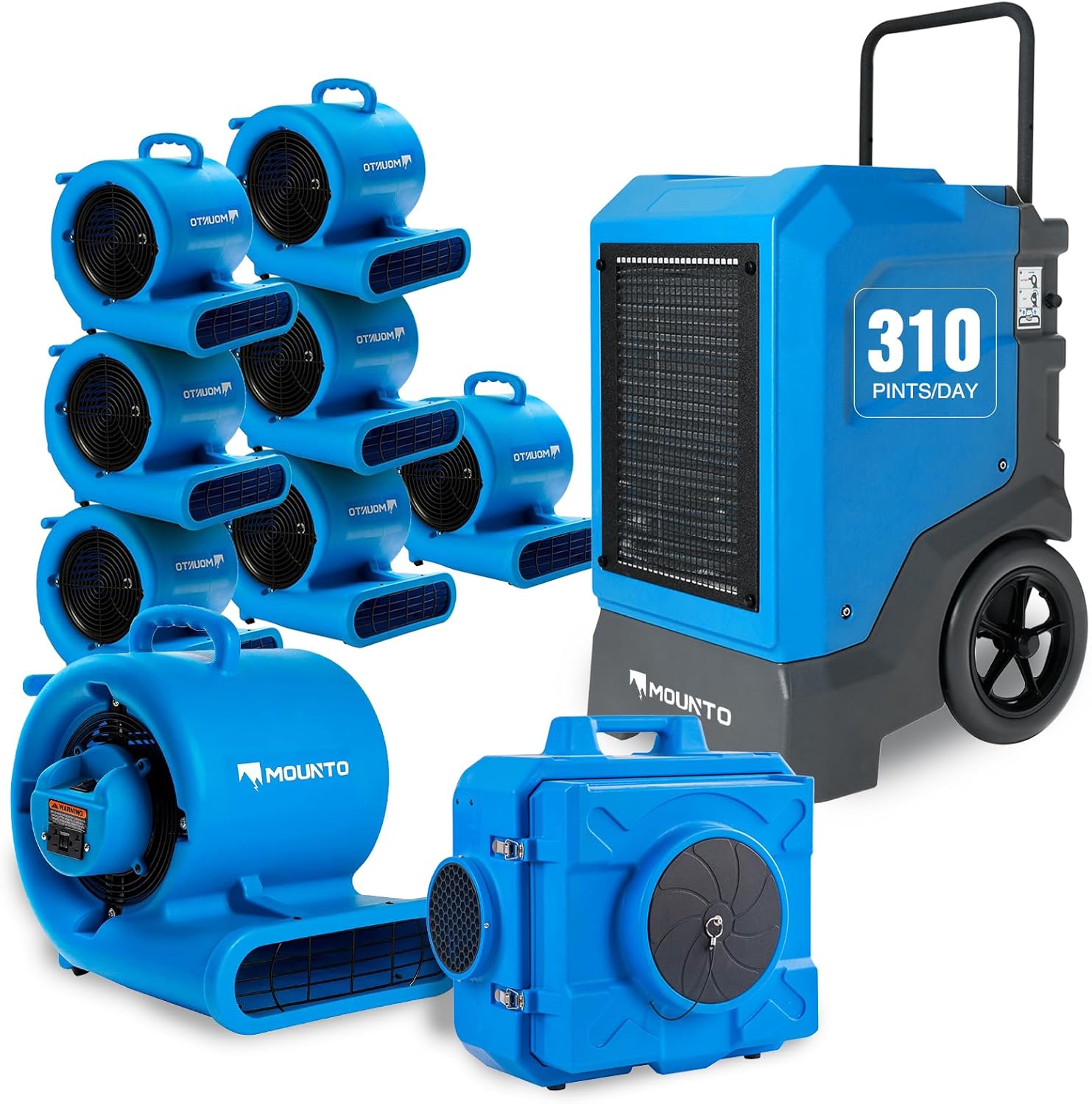 MOUNTO Pro Restoration Bundle – 8× AM33 Air Movers, 1× DH165 Industrial LGR Dehumidifier, 1× HEPA 500 Air Scrubber – Complete Drying & Air Filtration Package