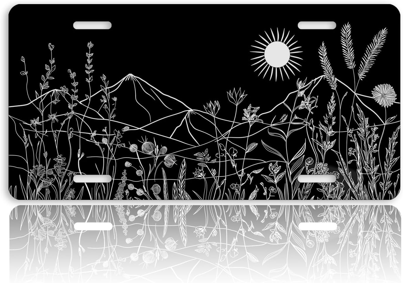 White Ink Line Front License Plate for Women Wildflowers Mountains Sun Vines Car Vanity Plates Decorative Aluminum Metal Cute Novelty License Plate 6x12 Inch (4 Holes)