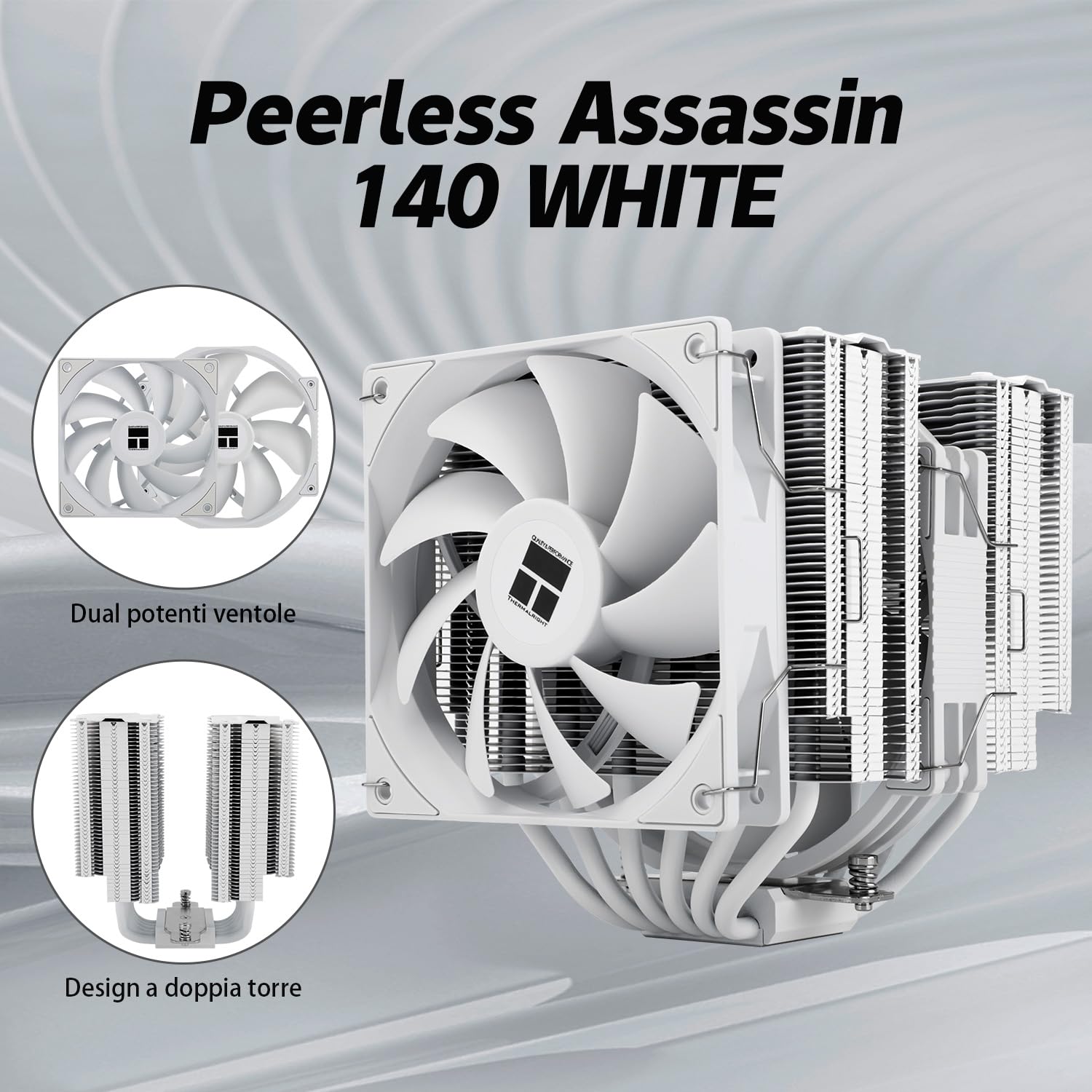 TR Peerless Assassin 140 biały, 6 rur grzewczych, dwa wentylatory PWM i dwie wieże, chłodzenie procesora o wysokości 158 mm z górną pokrywą, do AM4/AM5 i Intel LGA1851/1700/115X/1200