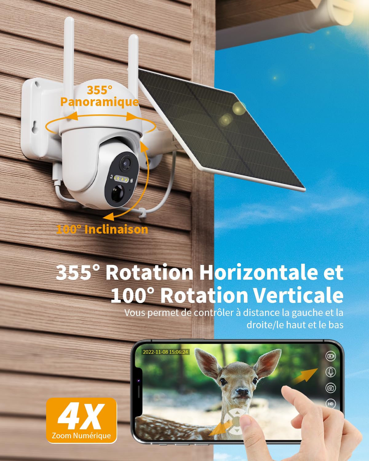 Caméra de Surveillance extérieure 4G LTE- Batterie avec Carte SIM- Caméra PTZ Solaire sans Fil 2K- sans Wi-FI- Pivote à 355°/100°- Vision Nocturne Couleur- Audio- Détection Humaine PIR- IP66