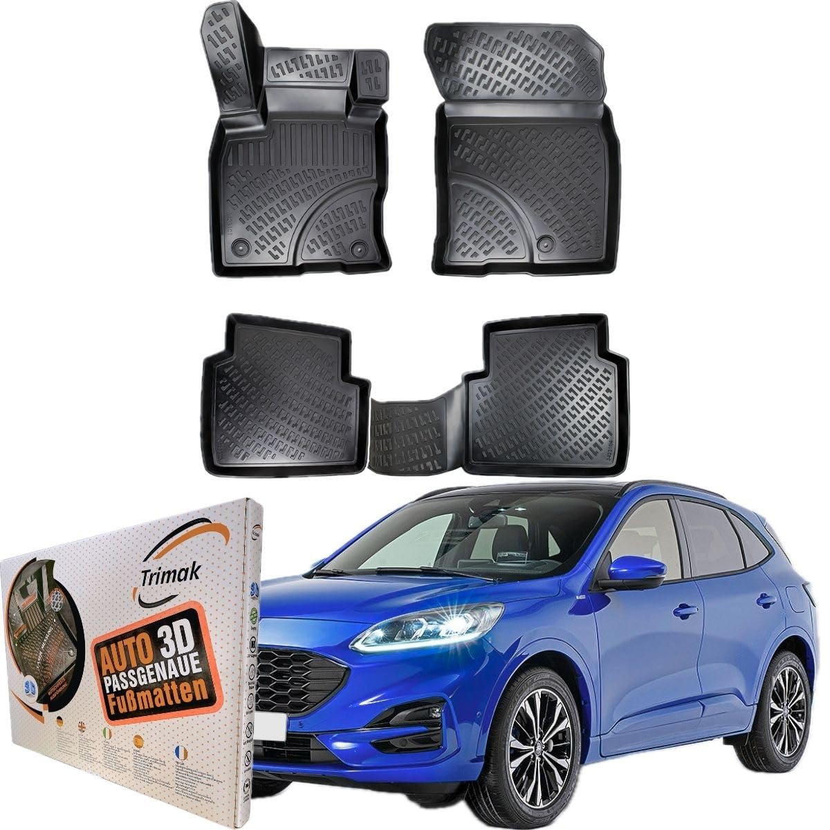 Trimak Passgenau 3D Fussmatten Auto Kompatibel mit Ford Kuga 3 Gen 2020-2023 Auto Zubehör 1. Und 2. Reihe Gummimatten Autos TPE Allwetter Geruchlos Rutschfest Vorne und Hinten Schwartz