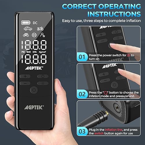 Miniatura 5 de AGPTEK Inflador de neumáticos, compresor de aire portátil, 150 PSI y 5000 mAh, medidor de presión de neumáticos, bomba de aire eléctrica, pantalla