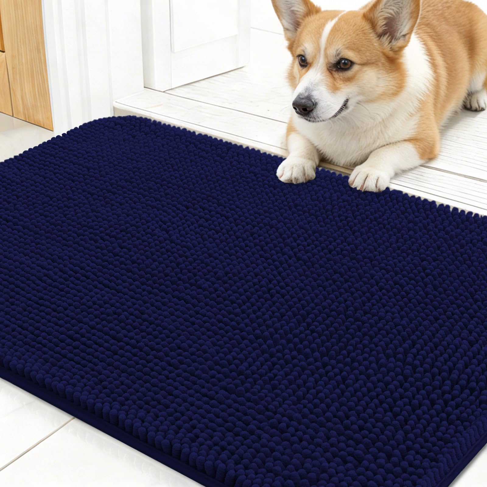 OLANLY Dog Door Mat for Muddy Paws 24x16, Absorbs Moisture and Dirt, Absorbent Non-Slip Washable Doormat, Quick Dry Chenille Mud Mat for Dogs, Entry Indoor Entryway Carpet for Inside Floor, Navy Blue