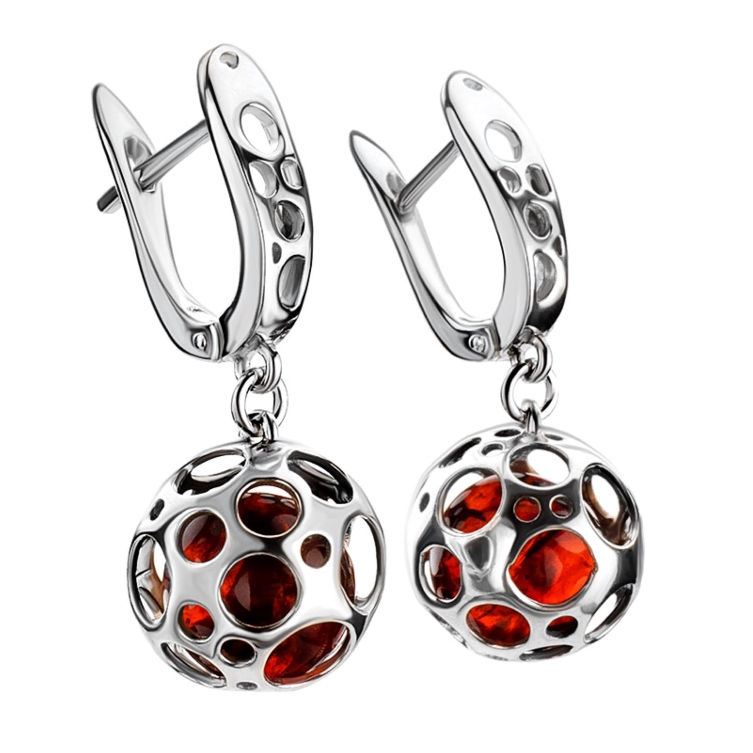 Eleganti orecchini pendenti in argento Sterling 925 con sfera traforata e ambra in ambra 925, collezione Designers Jewellry 23/24 H/W, 30 mm, Argento Sterling 925, ambra baltica, Ambra