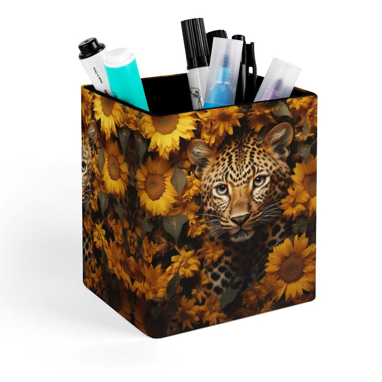 FekiLoot Leopard And Sunflower Pencil Holder Square Leather Pen Holder Cup Modern Multi-Functional Pencil Cup Holder Decorative Desk Organizer Caddy Makeup Brush Holders for Desk Office