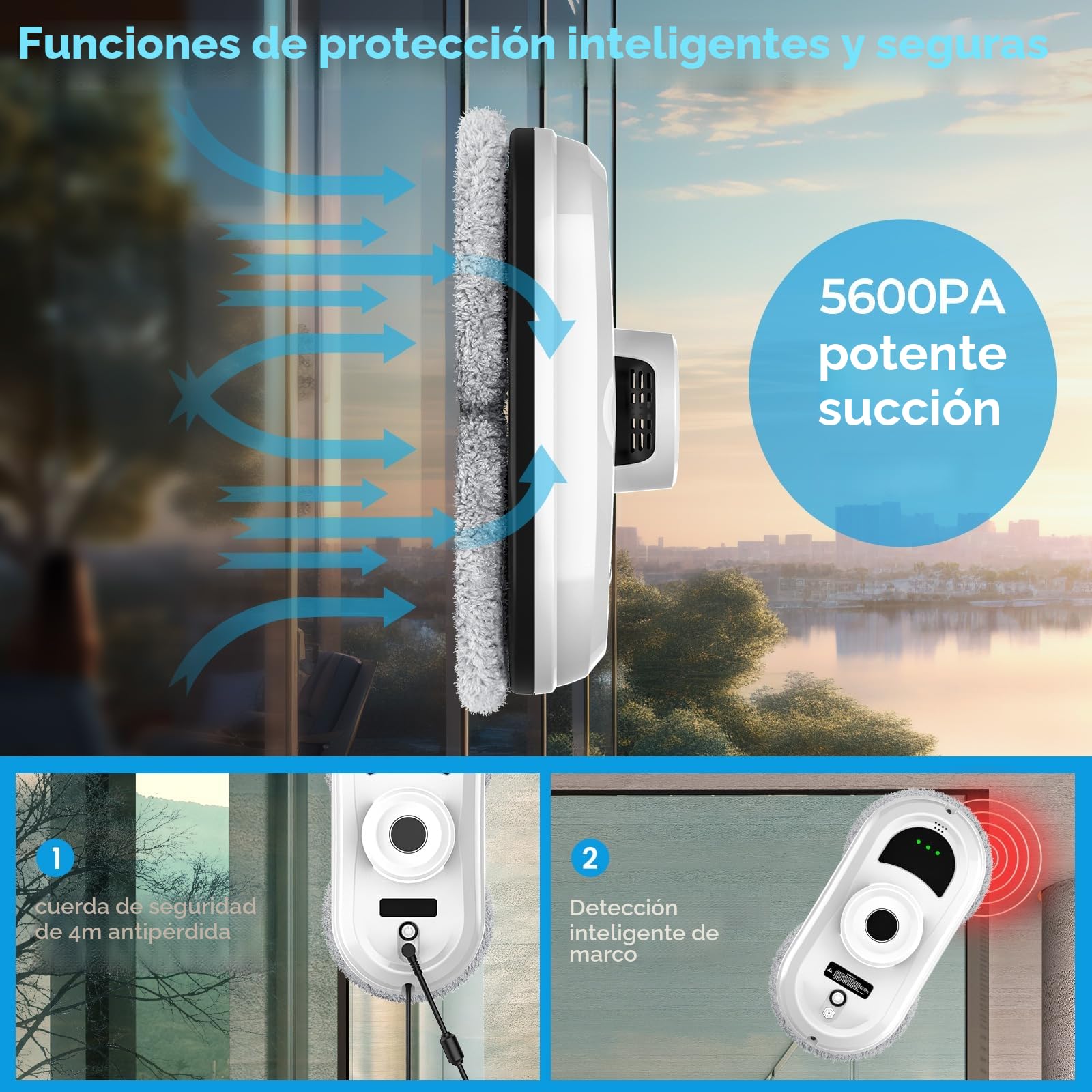 Robot Limpiacristales, Limpiacristales Electrico Ventanas con Succión 5600 Pa, 3 Modos de Limpieza, Sistema de Seguridad, Planificación Inteligente de Rutas y Detección de Bordes, Control Remoto