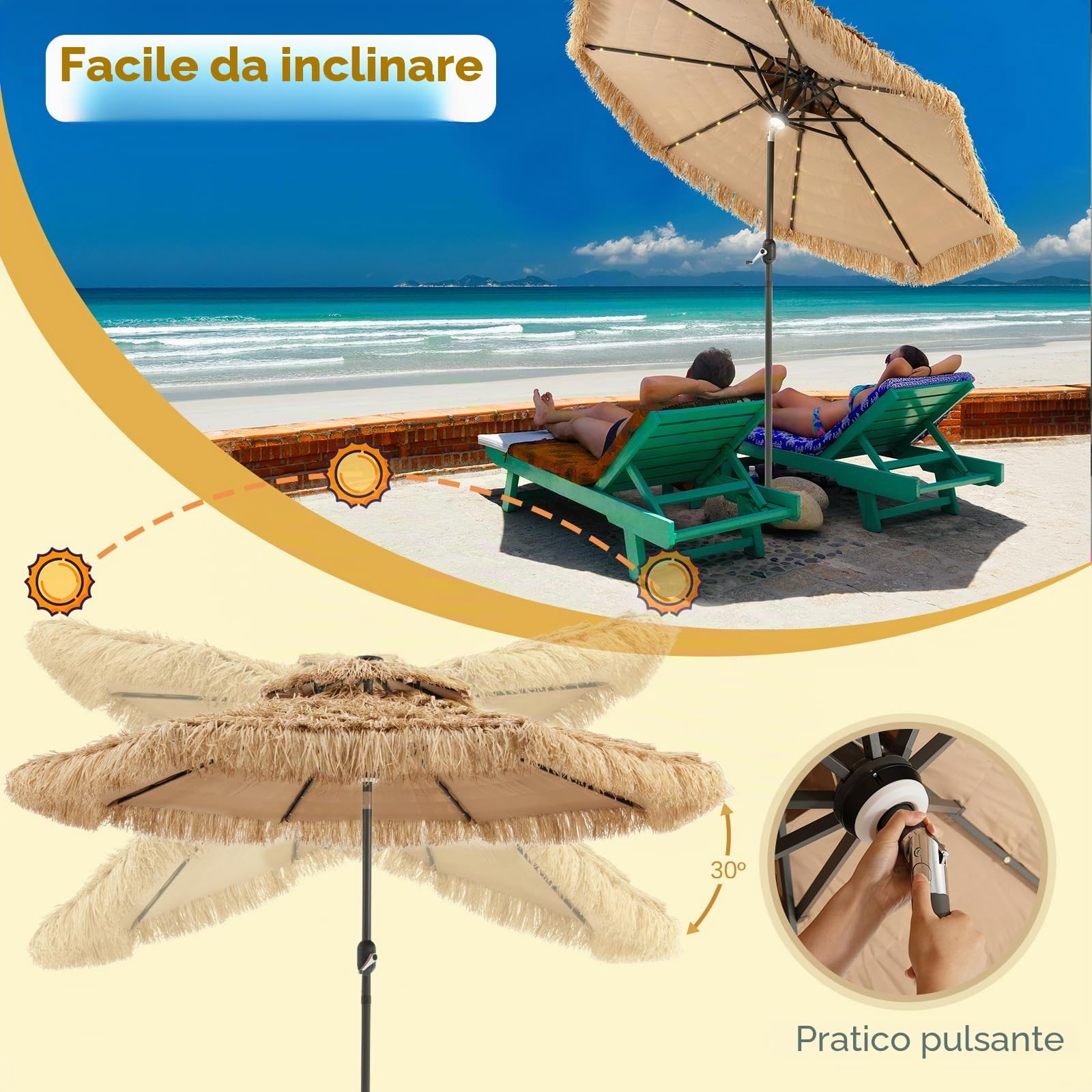 KOMFOTTEU Ombrellone da Spiaggia Ø270 cm Inclinabile in Paglia PE | Parasole Rafia con 8 Aste per Giardino Balcone senza Base, Naturale