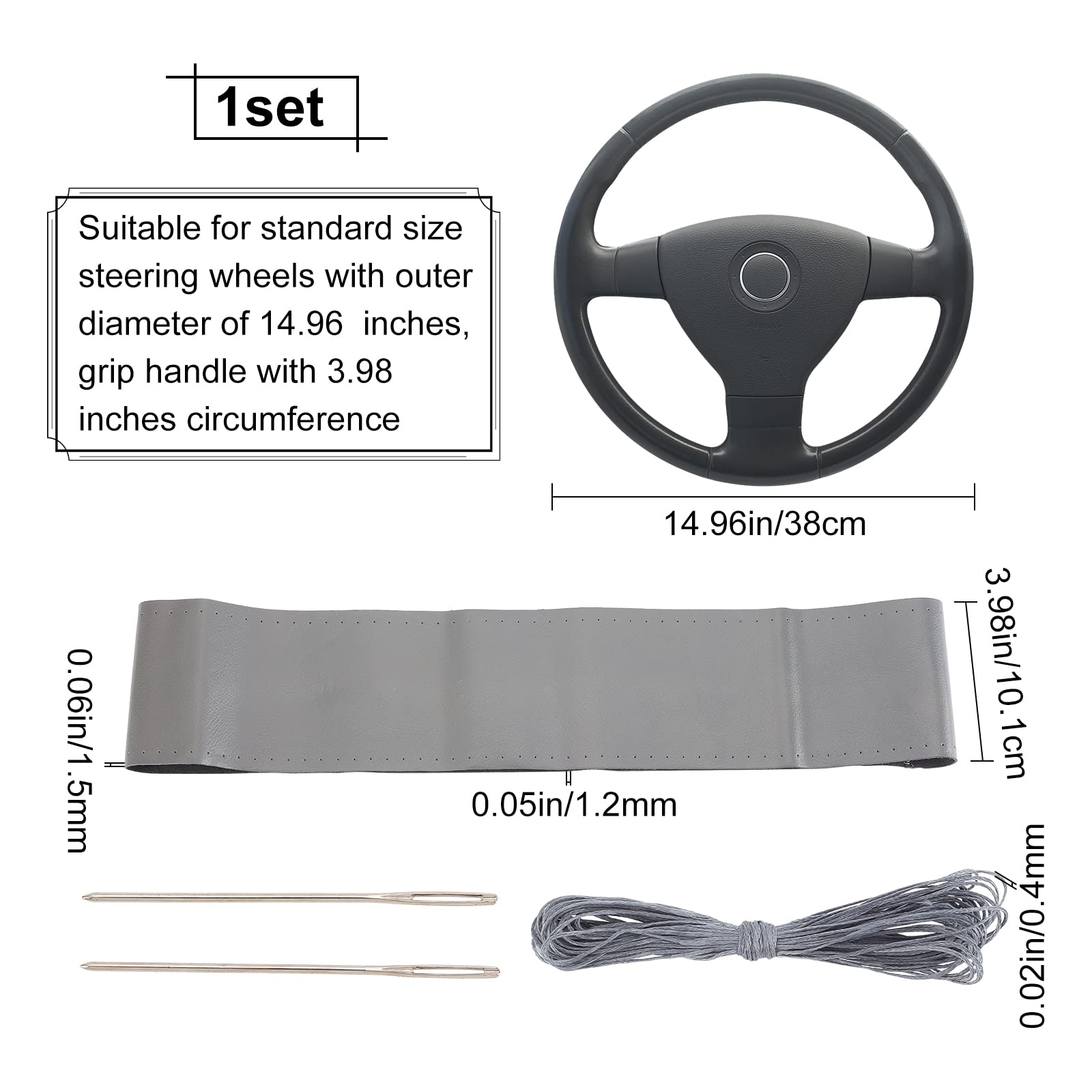 GORGECRAFT Universal Car Steering Wheel Cover Lace Up Genuine Leather Sew on Steering Wheel Stitch on Wrap 15 Inch Auto Interior Accessories Protector with Needle for Men Women(Gray)