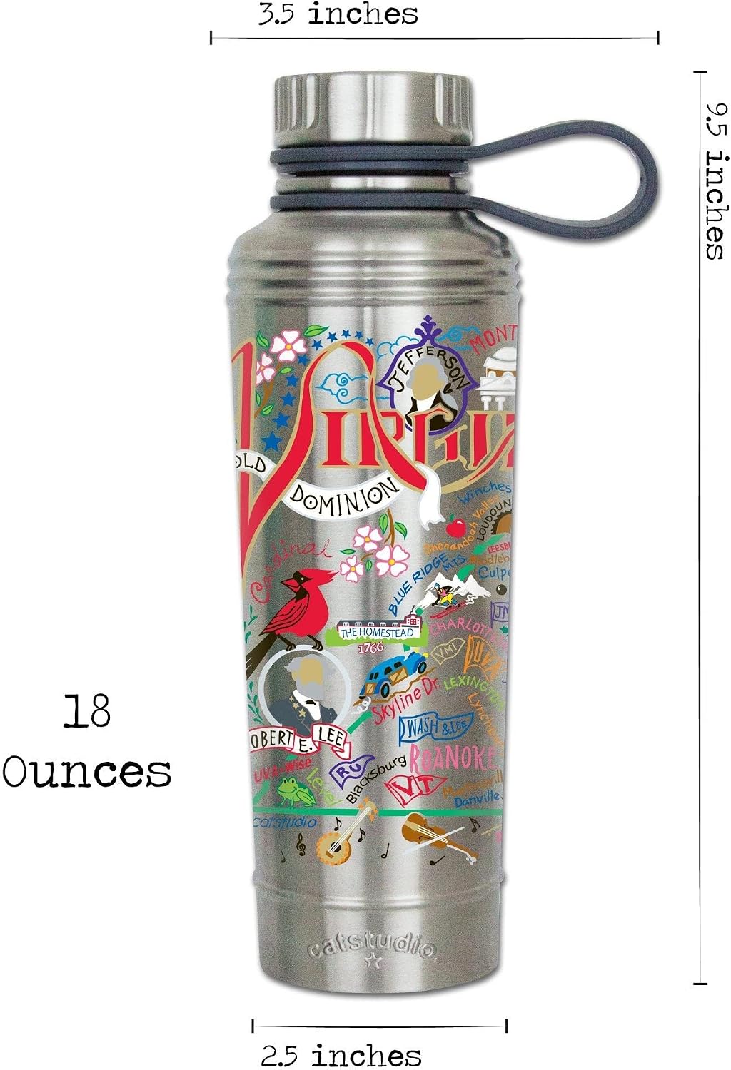 Catstudio Virginia Stainless Steel Water Bottle | Triple Wall Insulation With Non Slip Bottom | Great For Running, Hiking, Sports, & Travel