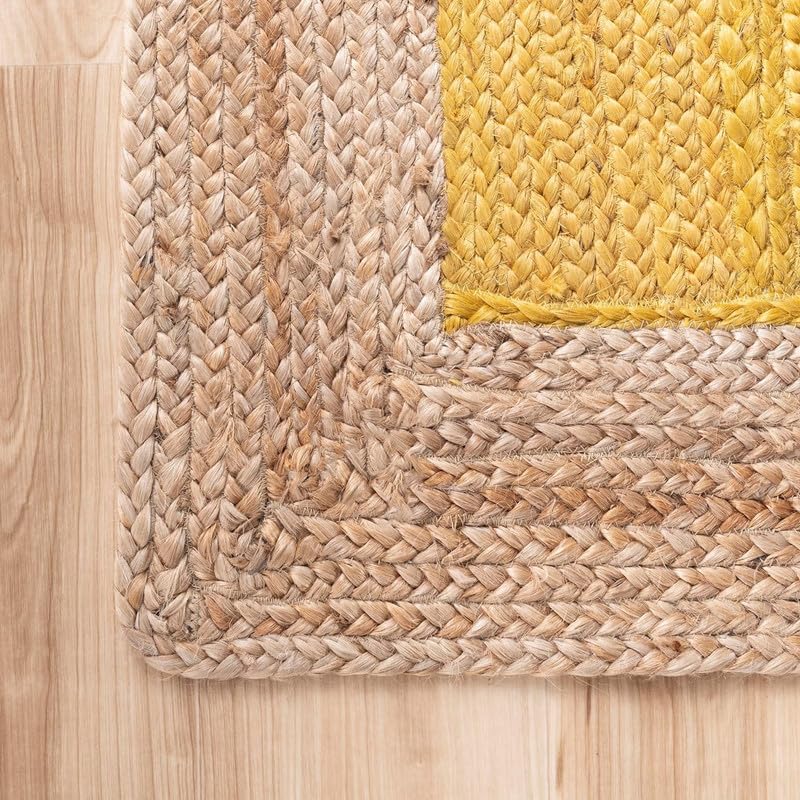 Tapis bohème chic en jute naturelle tressé à la main – Décoration rustique pour salon, salle à manger et chambre à coucher – Jaune – 6,8 x 3 m