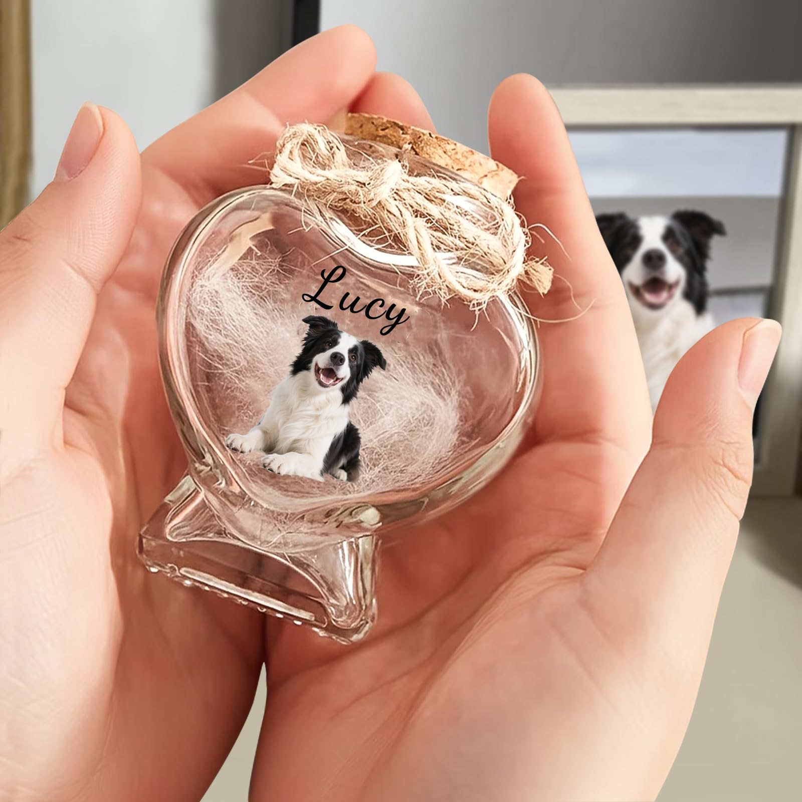 Barattolo di Vetro a Forma di Cuore Personalizzato per Animali Domestici, con Foto e Nome Personalizzabili. può Contenere Ceneri o Pelo. Regalo commemorativo per Animali Domestici (Heart)