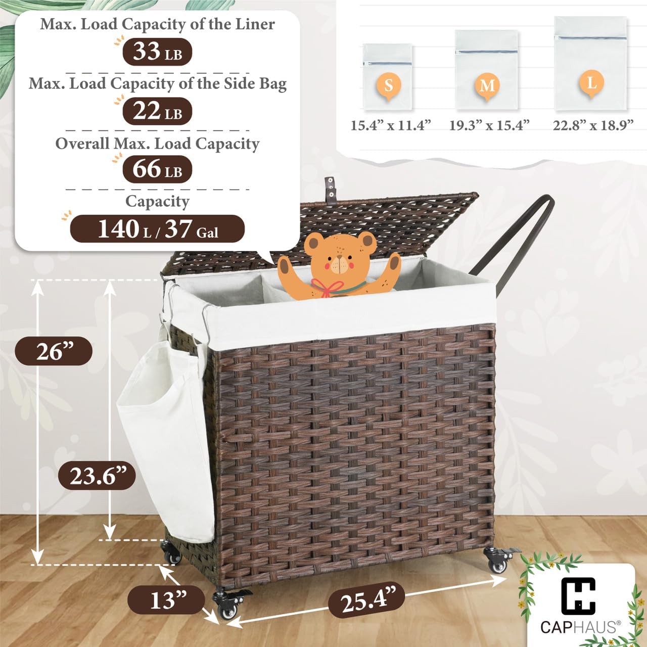CAPHAUS Laundry Basket w/Wheels, Synthetic Rattan Laundry Hamper w/Lid, Removable Liner Bags, Mesh Bags, Pulling Strap, Clothes Hamper for Laundry, Basket w/Lid for Storage, 140L, Brown