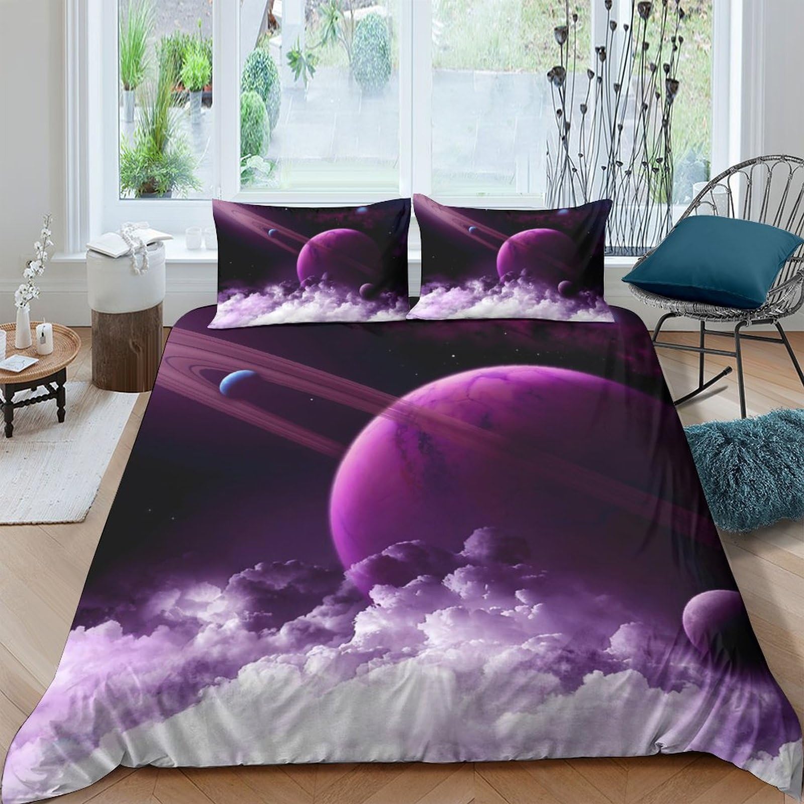 GPLZQXKJNH 3D Printed Purple Planet Duvet Cover Microfiber Soft Breathable Cosmic Nebula Bedding Set with 2 Pillowcases for Bedroom Decor Single（135x200cm）