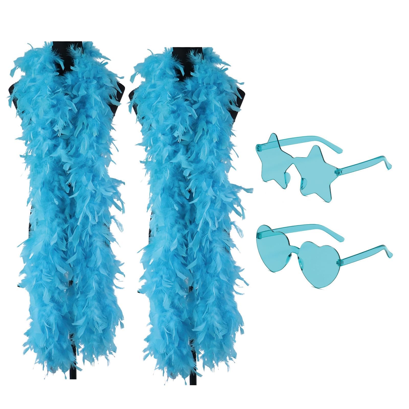 4PCS Blue Feather Boas Multipack, 2M Lake Blue Feather Boa with Heart & Star Glasses, Costume Accessories for Dance Performances and Party Celebrations, Wedding Attire and Cosplay Events
