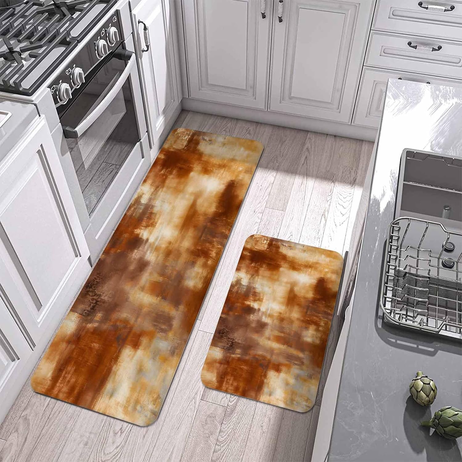 Prime Leader Gradient Burnt Orange Kitchen Mat Set 2 Pieces Abstract Vintage Burnt Orange Oil Painting Non Slip Kitchen Rugs Washable Runner Rug Mats for Sink Laundry (15.7" x 23.6"+15.7" x 47.2")