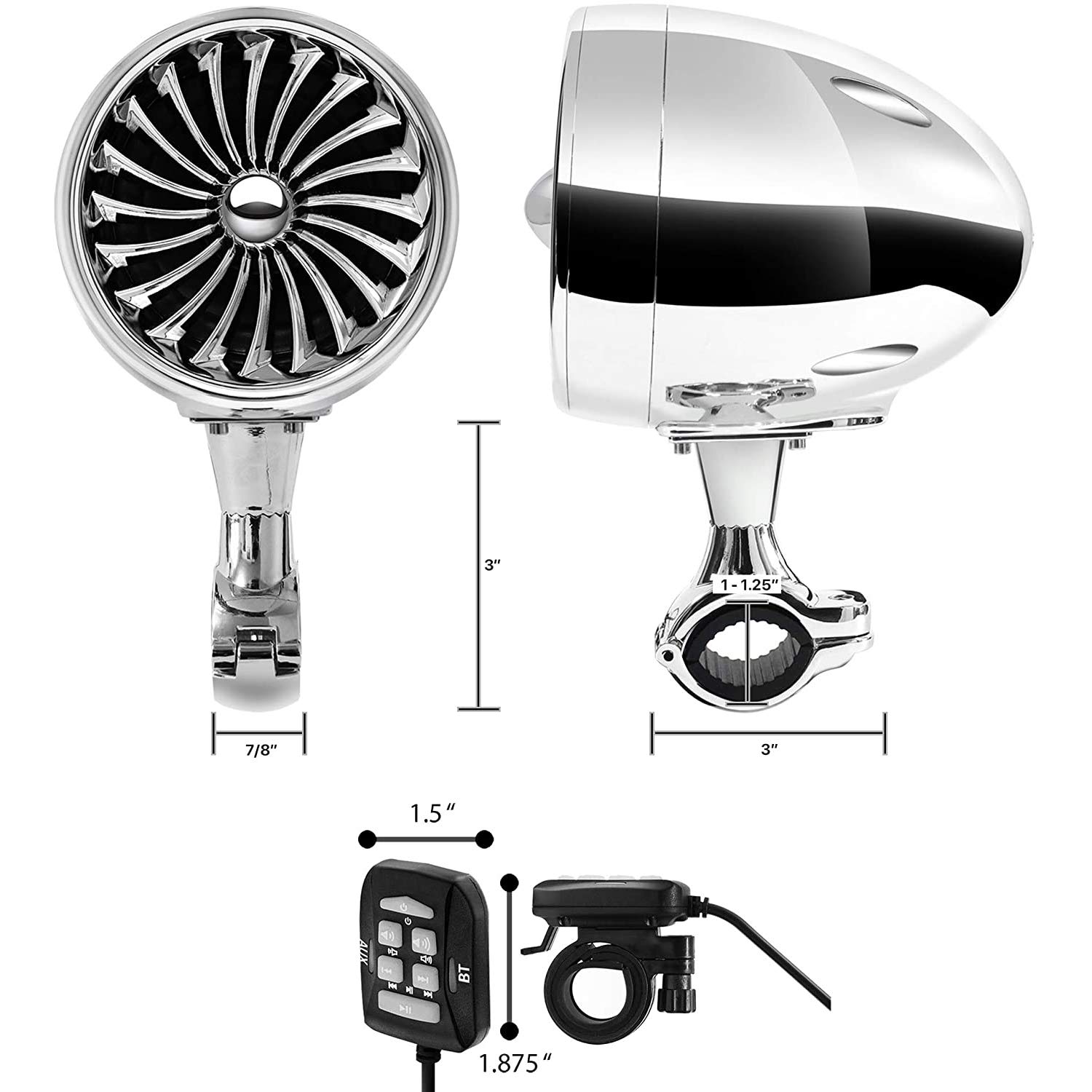 SPK350X 4 pollici Full Range Impermeabile Moto Altoparlanti stereo Bluetooth Amplificatore per Motociclo Sistema audio per ATV RZR UTV (Cromo,Ventilatore)