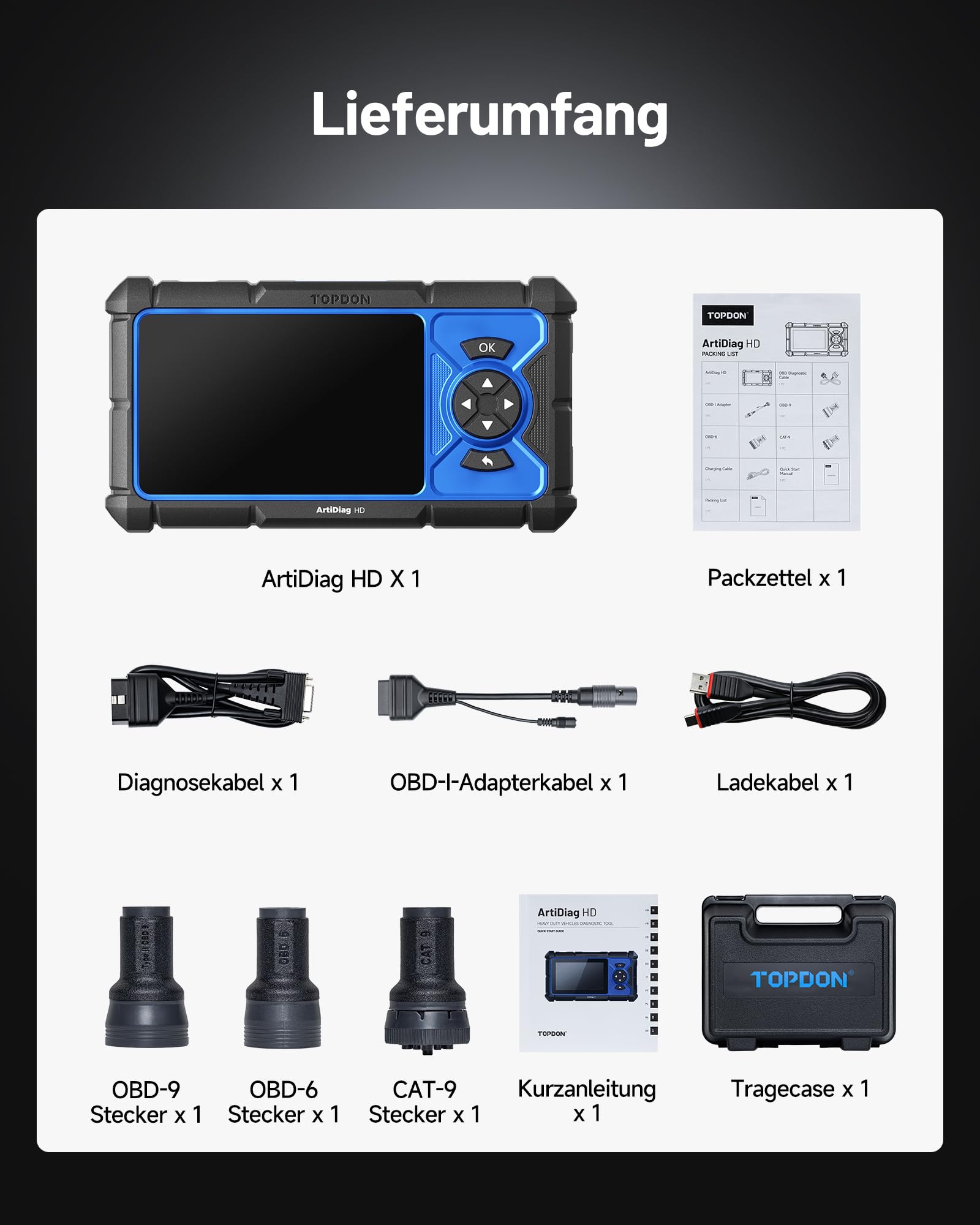 TOPDON ArtiDiag HD LKW Diagnosegerät, Professionelles LKW Scanner für Schwerlastfahrzeuge, 10 Rückstellservice inkl. DPF-Regeneration, HD OBD/EOBD, Heavy Duty Truck, 2 Jahre Updates